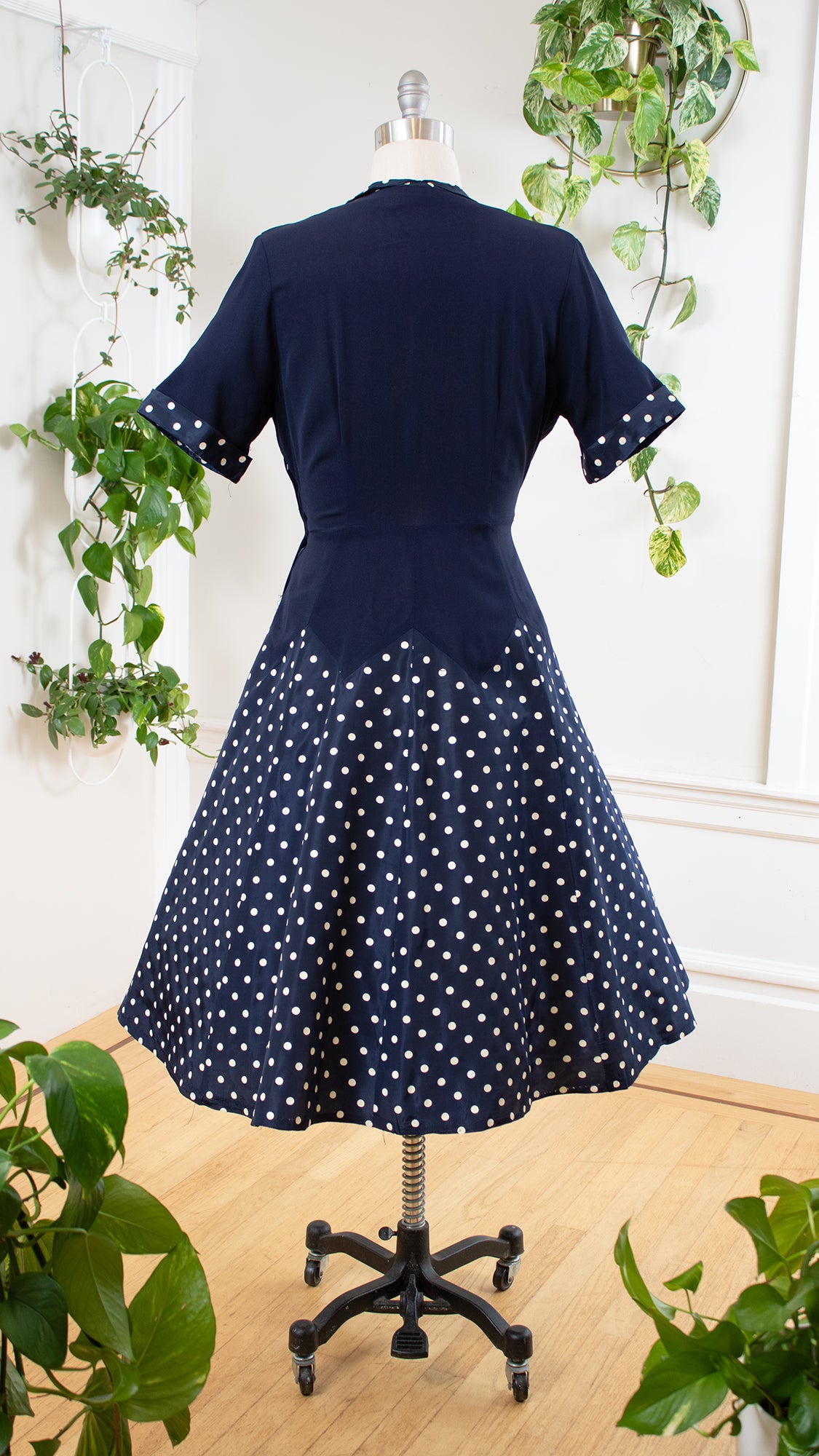 1940s 1950s Polka Dot Navy Blue Cocktail Dress