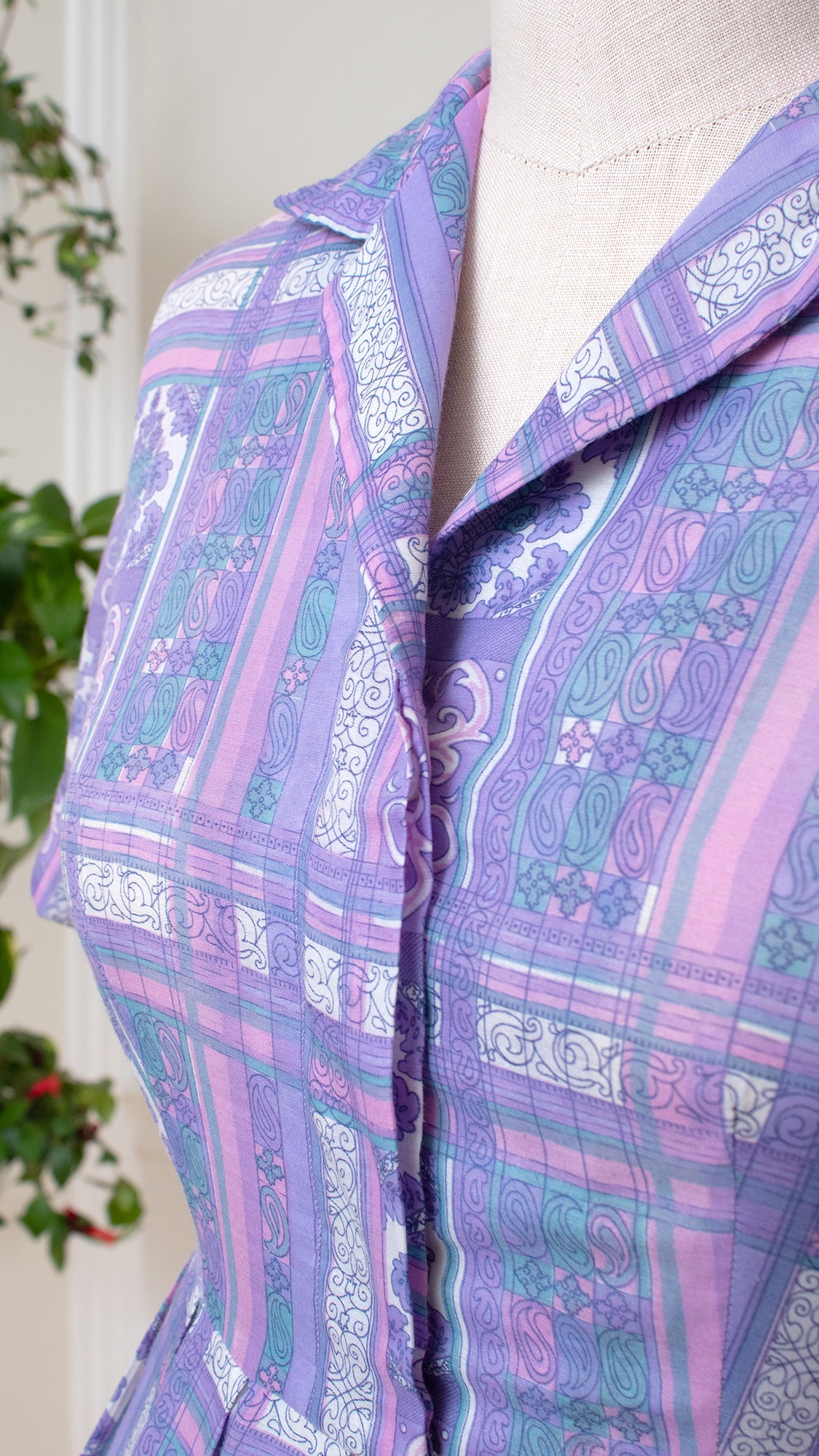 1960s Floral Paisley Plaid Shirtwaist Dress | large