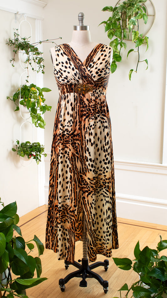 Vintage 1970s 70s Leopard Cheetah Animal Print Maxi Party Dress