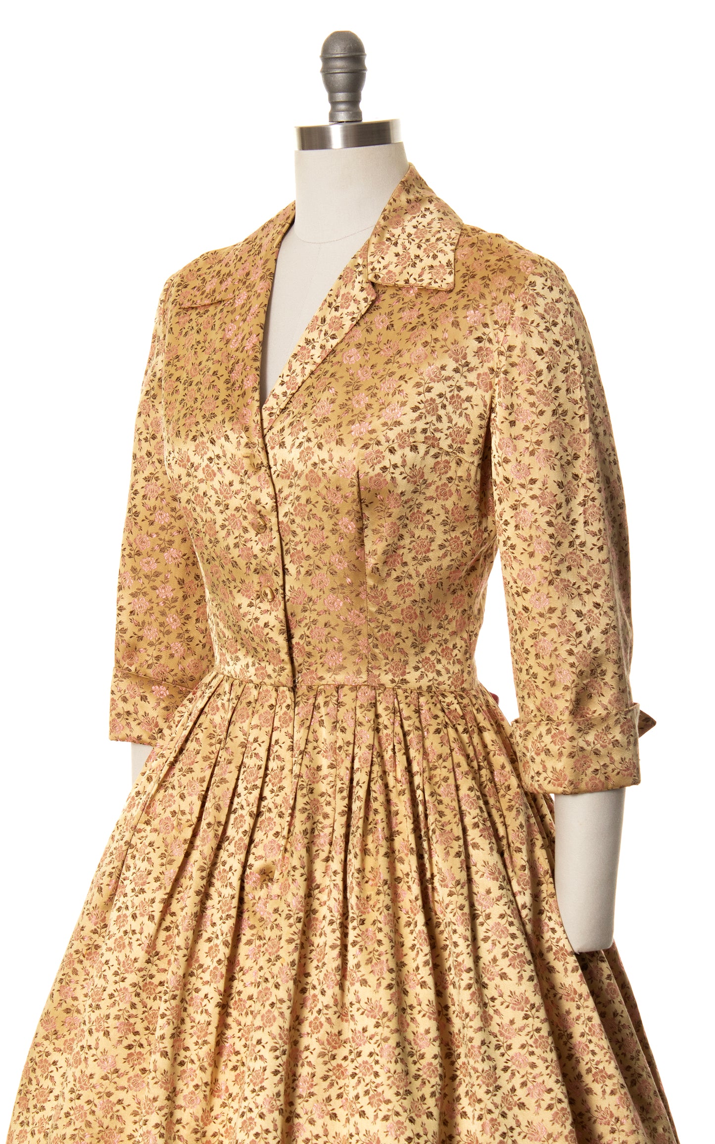 1950s Rose Satin Jacquard Shirtwaist Dress | medium