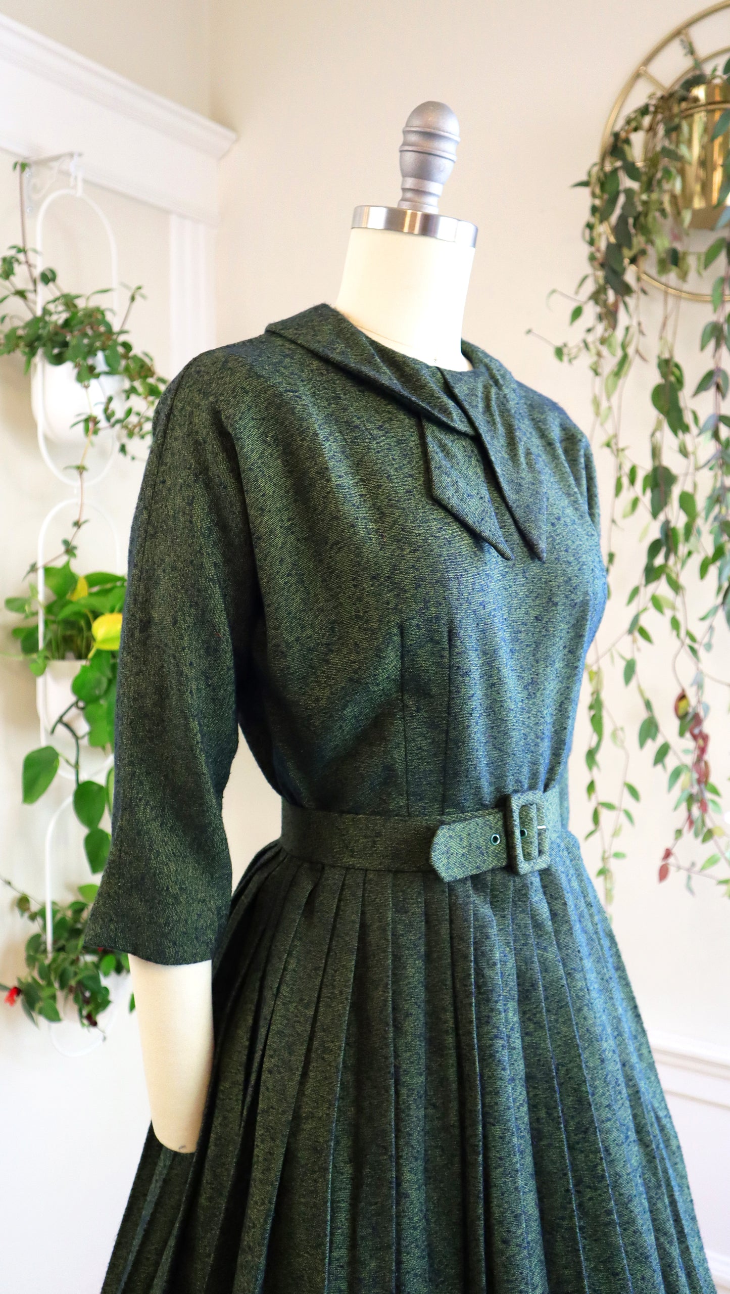 1950s Slubbed Green Day Dress | small