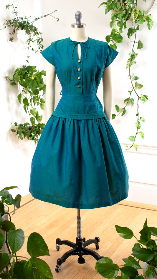 1950s Teal Sharkskin Shirtwaist Dress | small