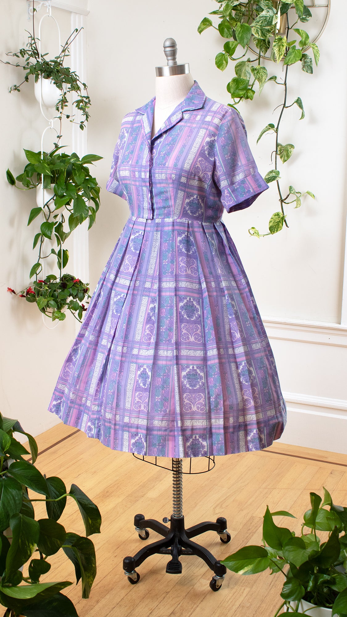 1960s Floral Paisley Plaid Shirtwaist Dress | large