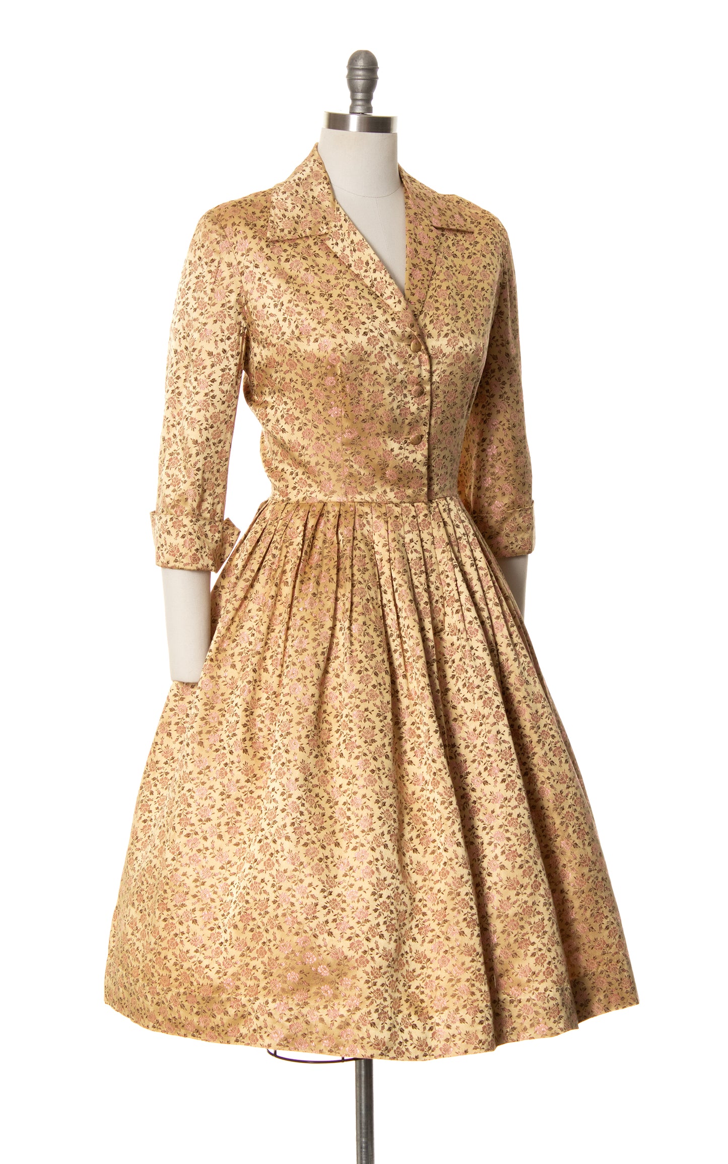 1950s Rose Satin Jacquard Shirtwaist Dress | medium