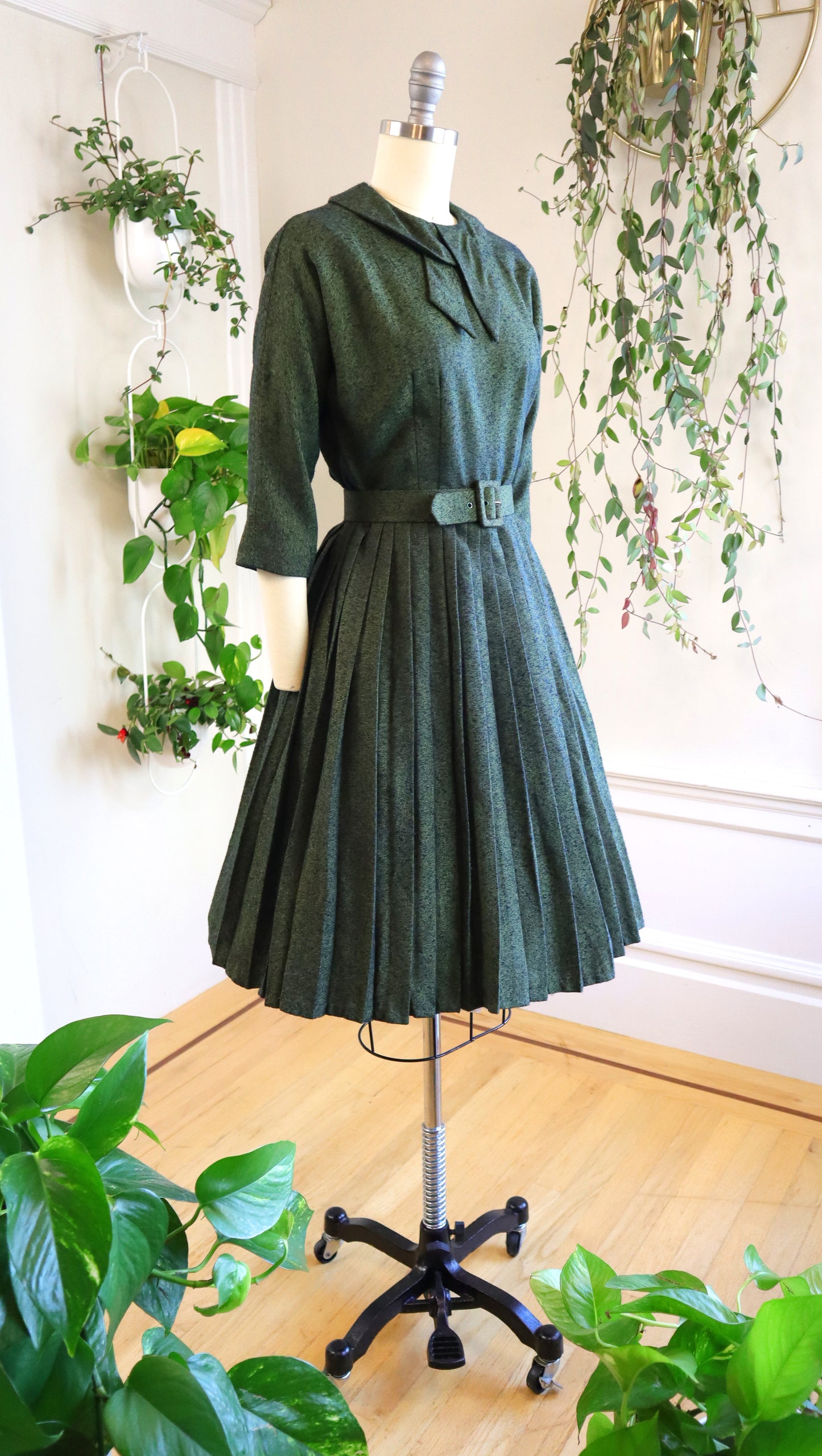 1950s Slubbed Green Day Dress | small