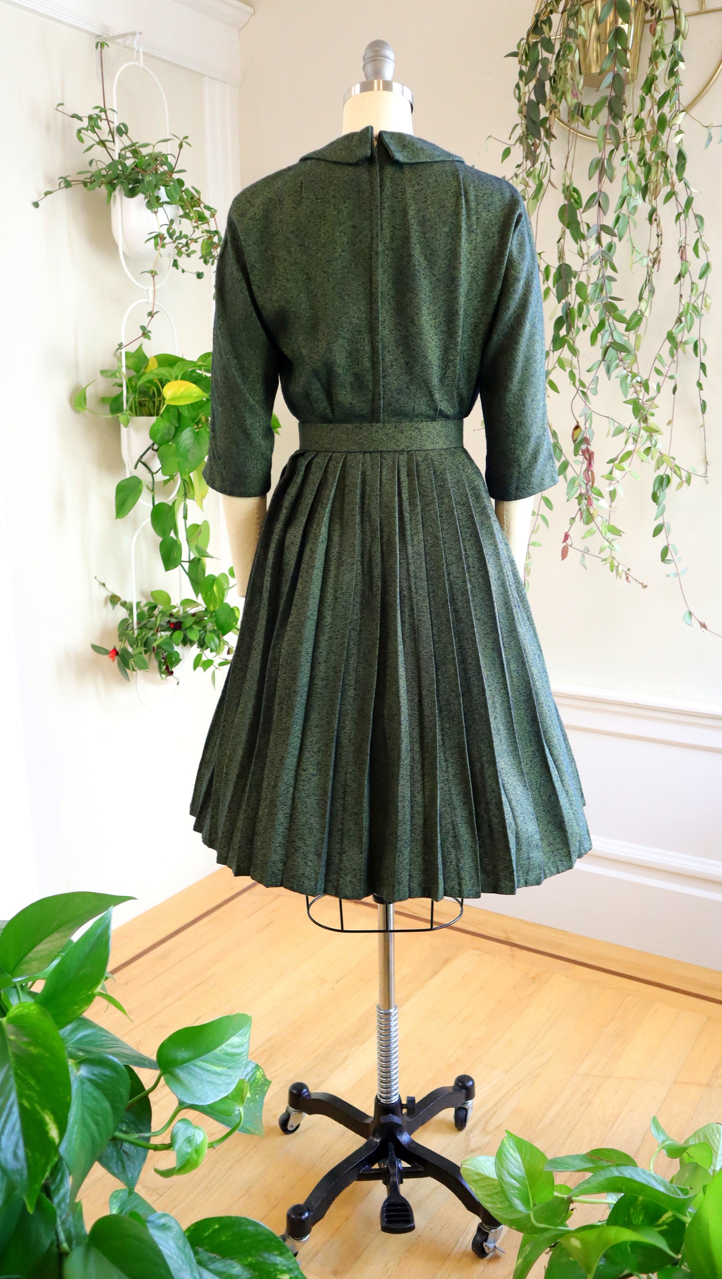 1950s Slubbed Green Day Dress | small