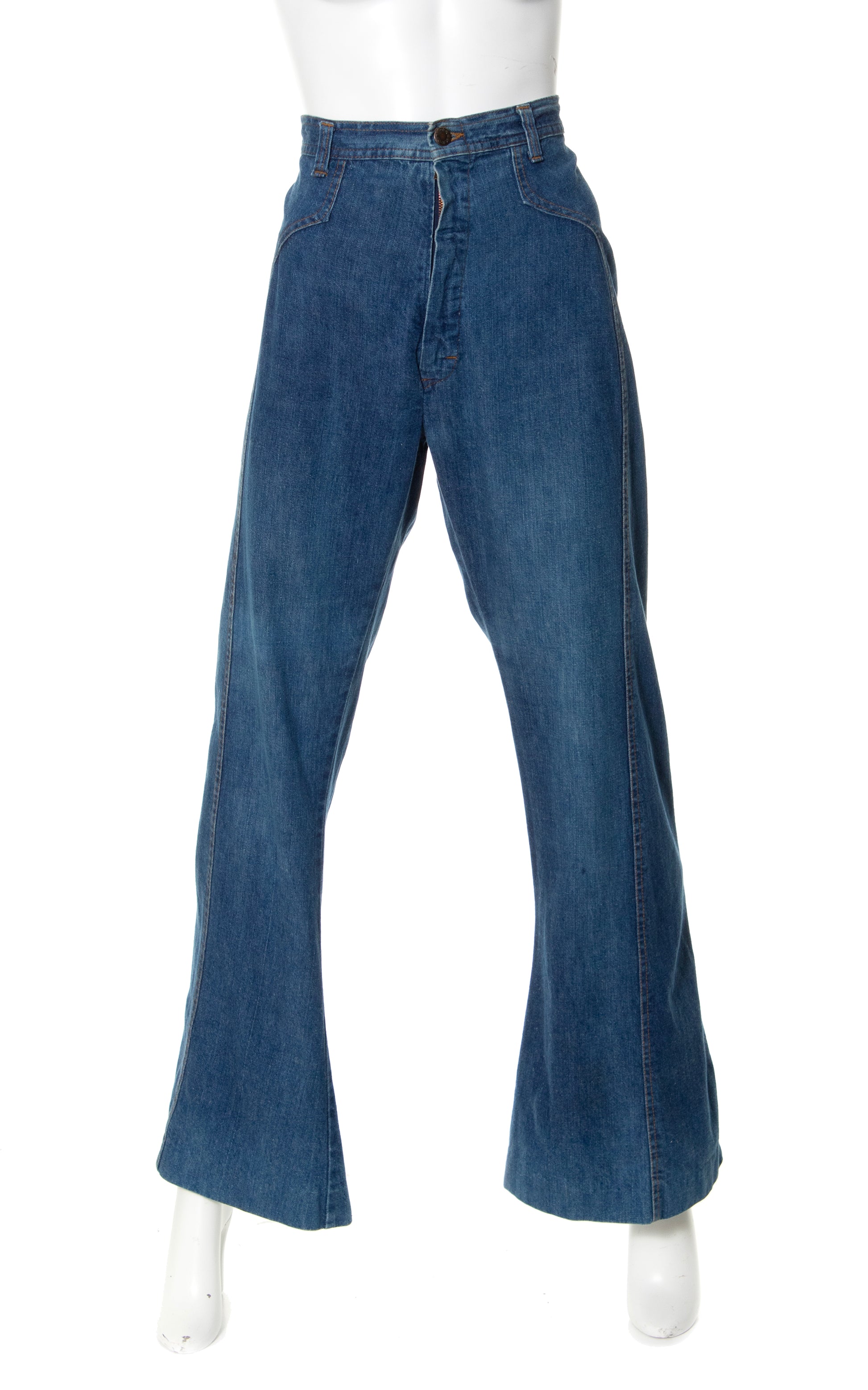 70s denim bell bottom jeans 25, vintage 1970s leather trim jeans