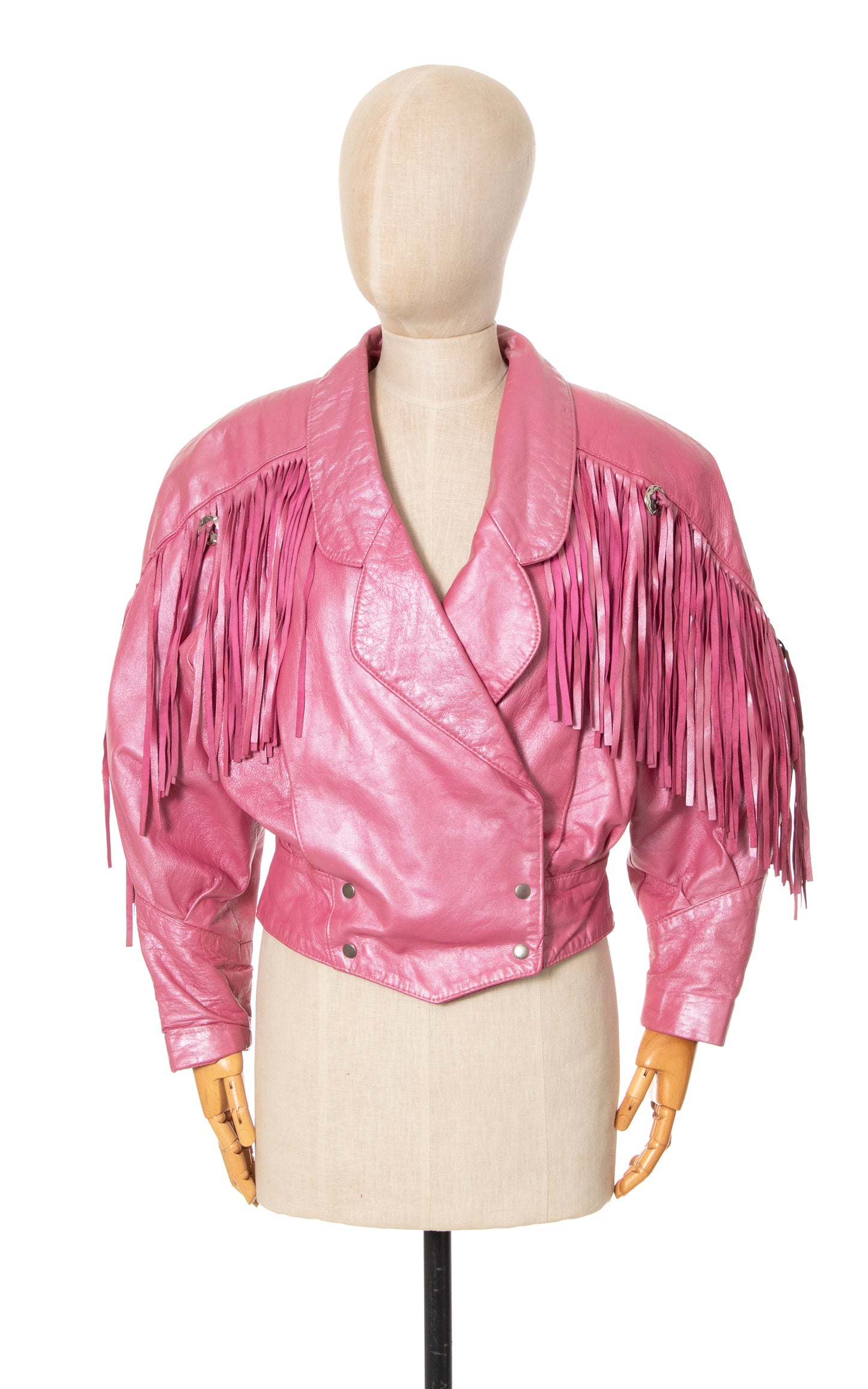 1980s Pearlescent Pink Leather Fringe Jacket | large