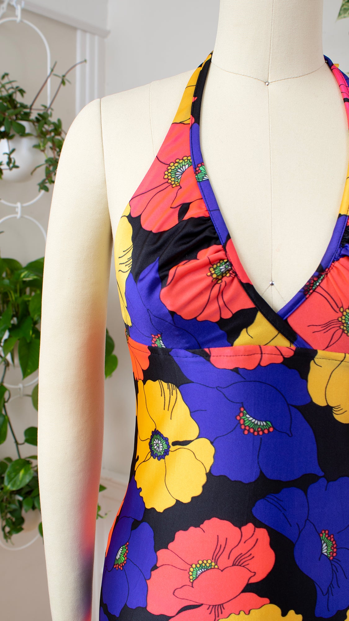 1970s Floral Halter Maxi Dress | x-small