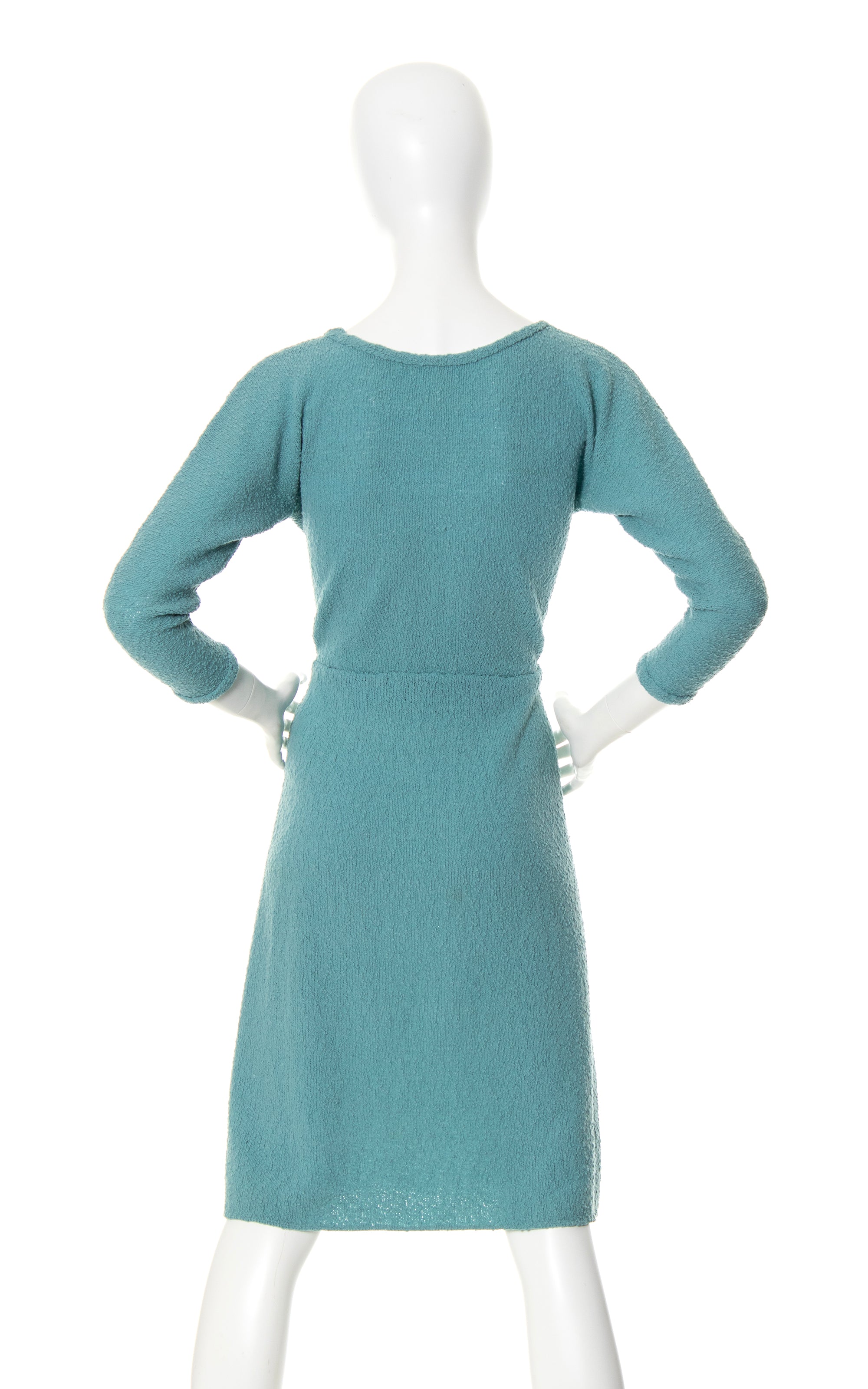 Delightful 1950s Seafoam Green shops Wool Sweater Dress with Beaded Sequin Details and Belt 32 Inch Waist