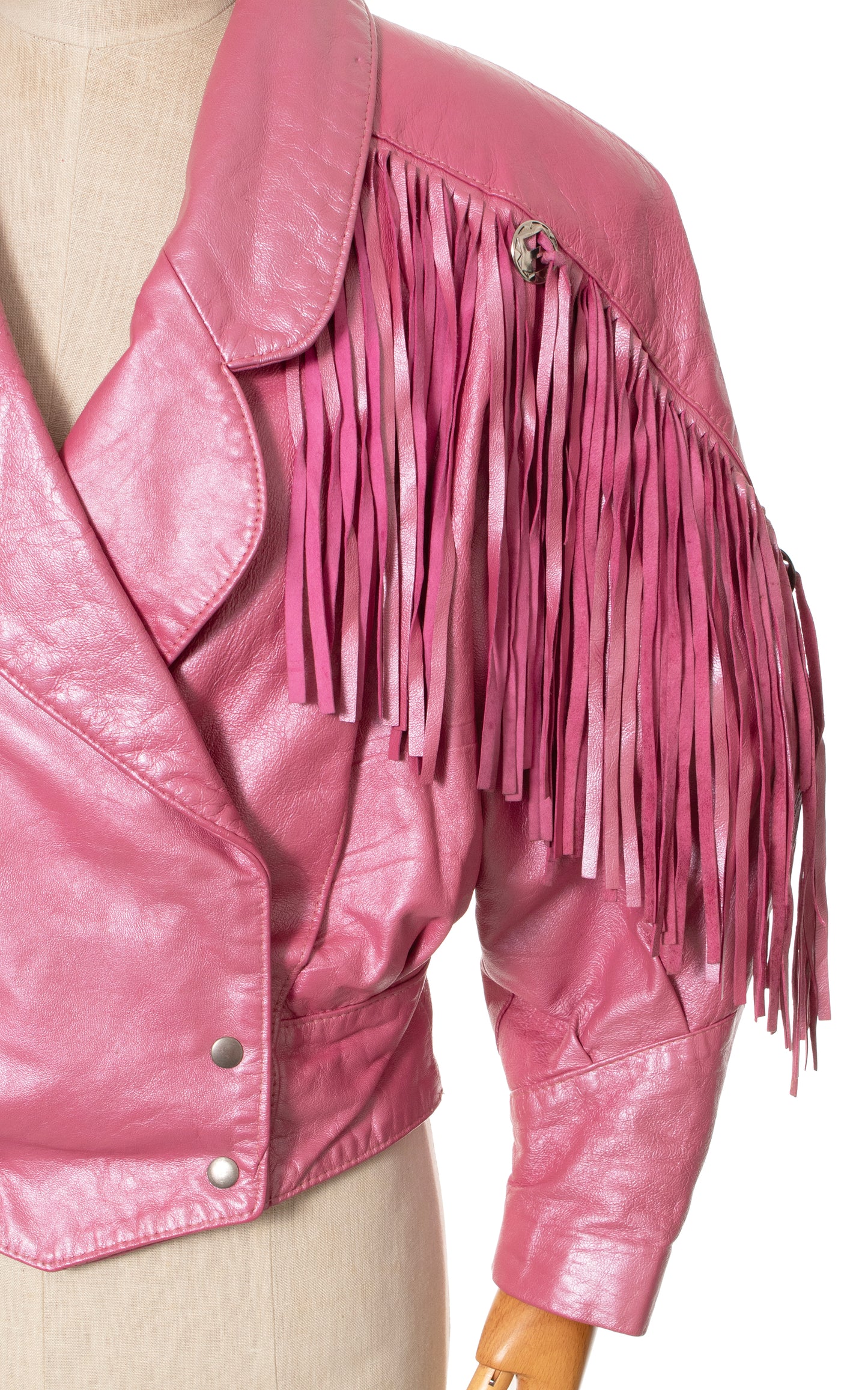 1980s Pearlescent Pink Leather Fringe Jacket | large