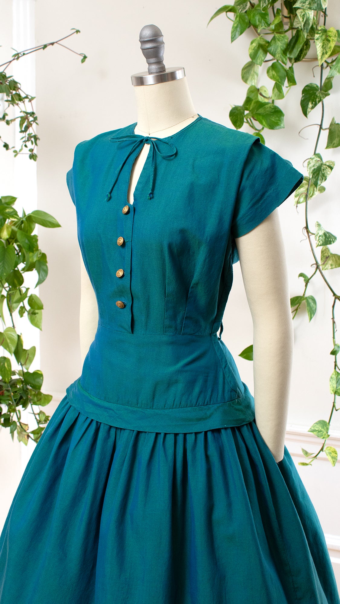 1950s Teal Sharkskin Shirtwaist Dress | small