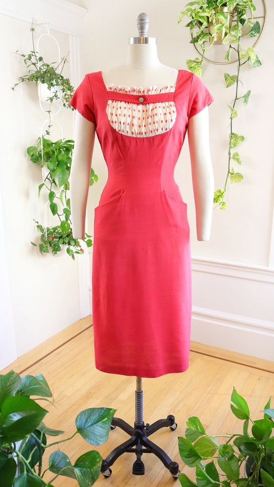 1950s Pink Polka Dot Wiggle Dress | medium