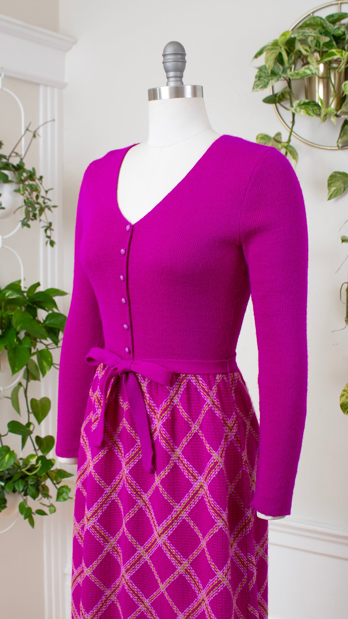 1970s Magenta Plaid Knit Maxi Dress | small/medium/large