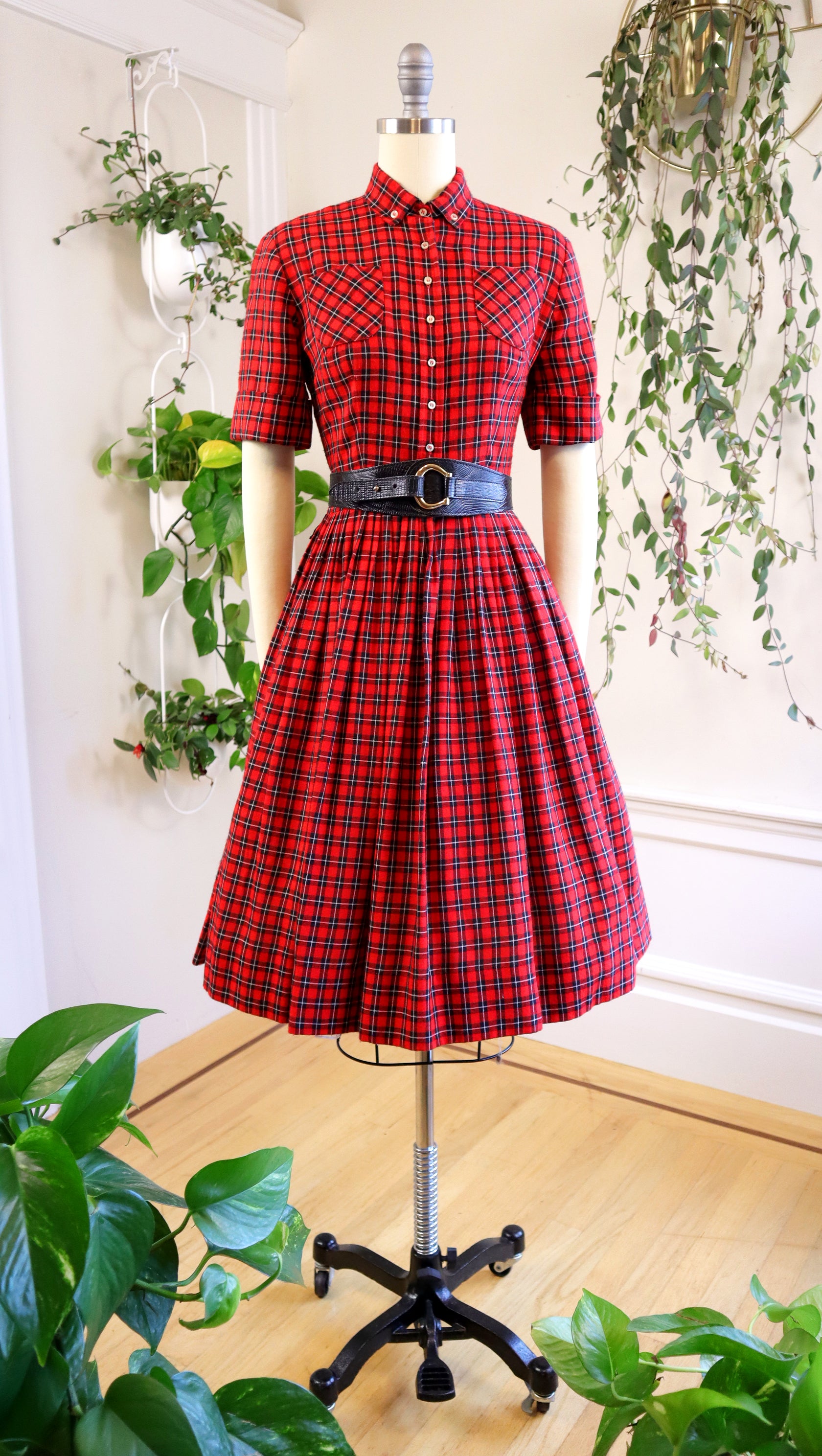 1950s Red Plaid Wool Shirtwaist Dress
