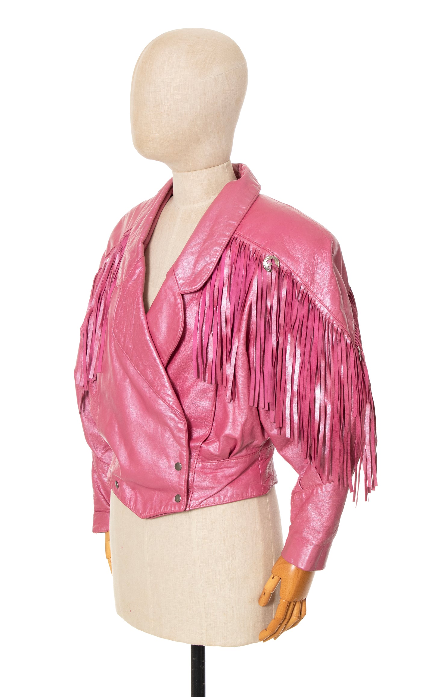 1980s Pearlescent Pink Leather Fringe Jacket | large