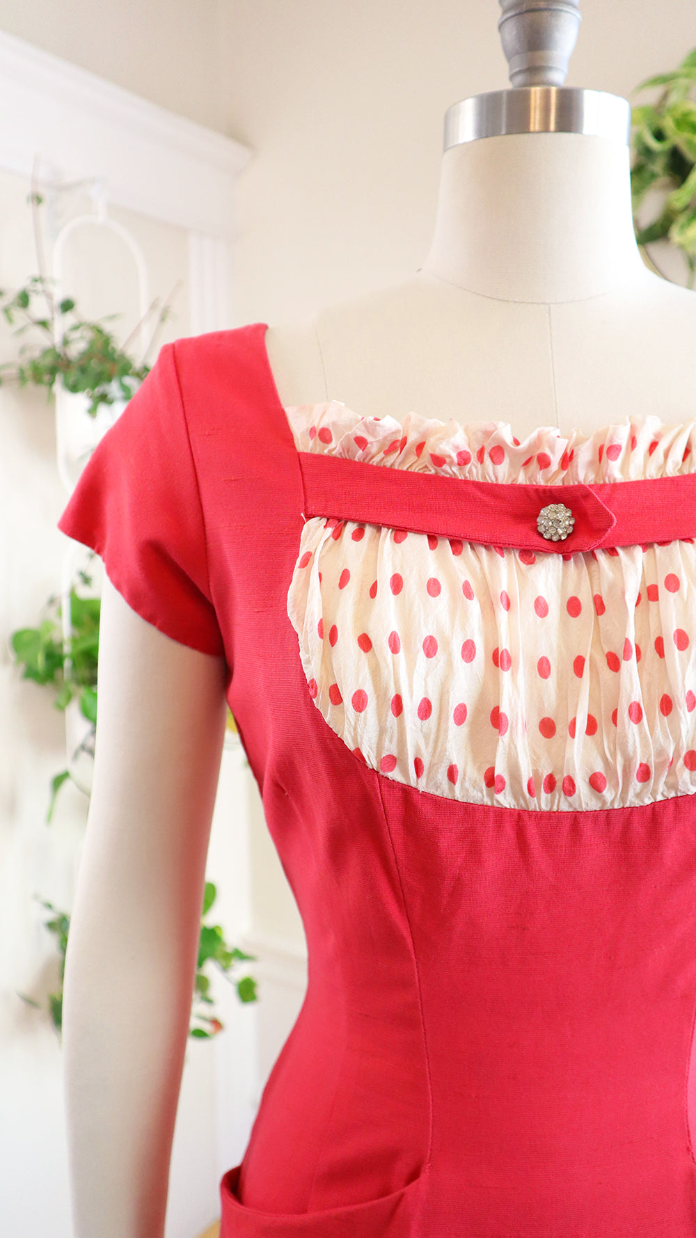 1950s Pink Polka Dot Wiggle Dress | medium