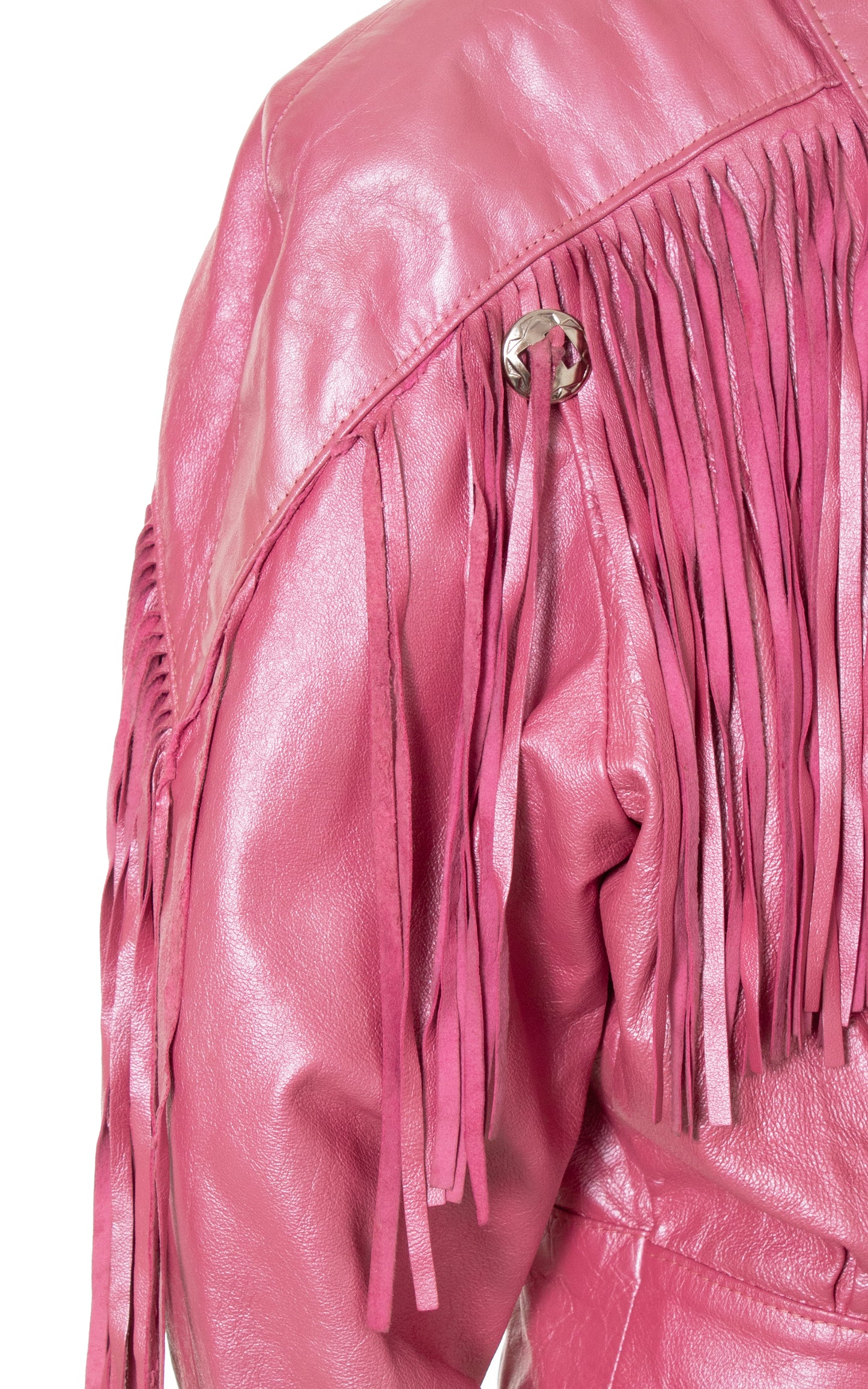 1980s Pearlescent Pink Leather Fringe Jacket | large