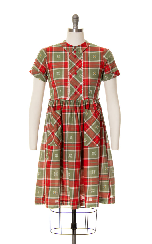 1950s Plaid Button Back Dress with Pockets | small
