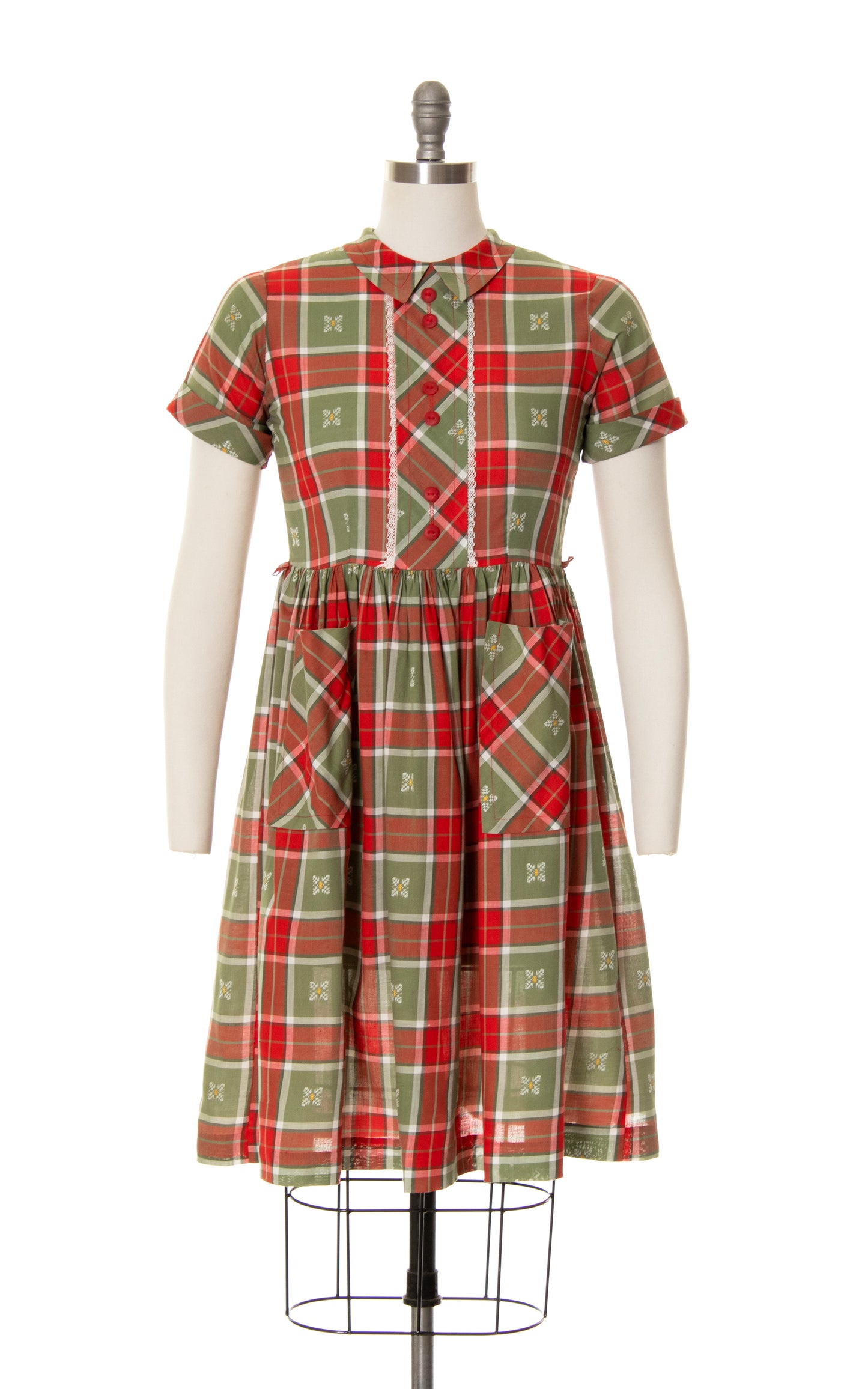 1950s Plaid Button Back Dress with Pockets | small