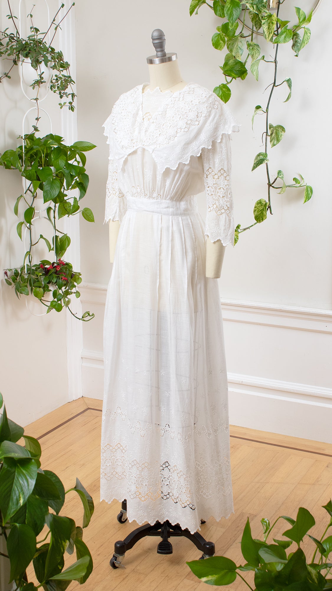 white edwardian dress Antique Lawn Dress, Cotton Gauze With Lace Insets Designed in L.A Cimelio Edwardian Dress | 1900s
