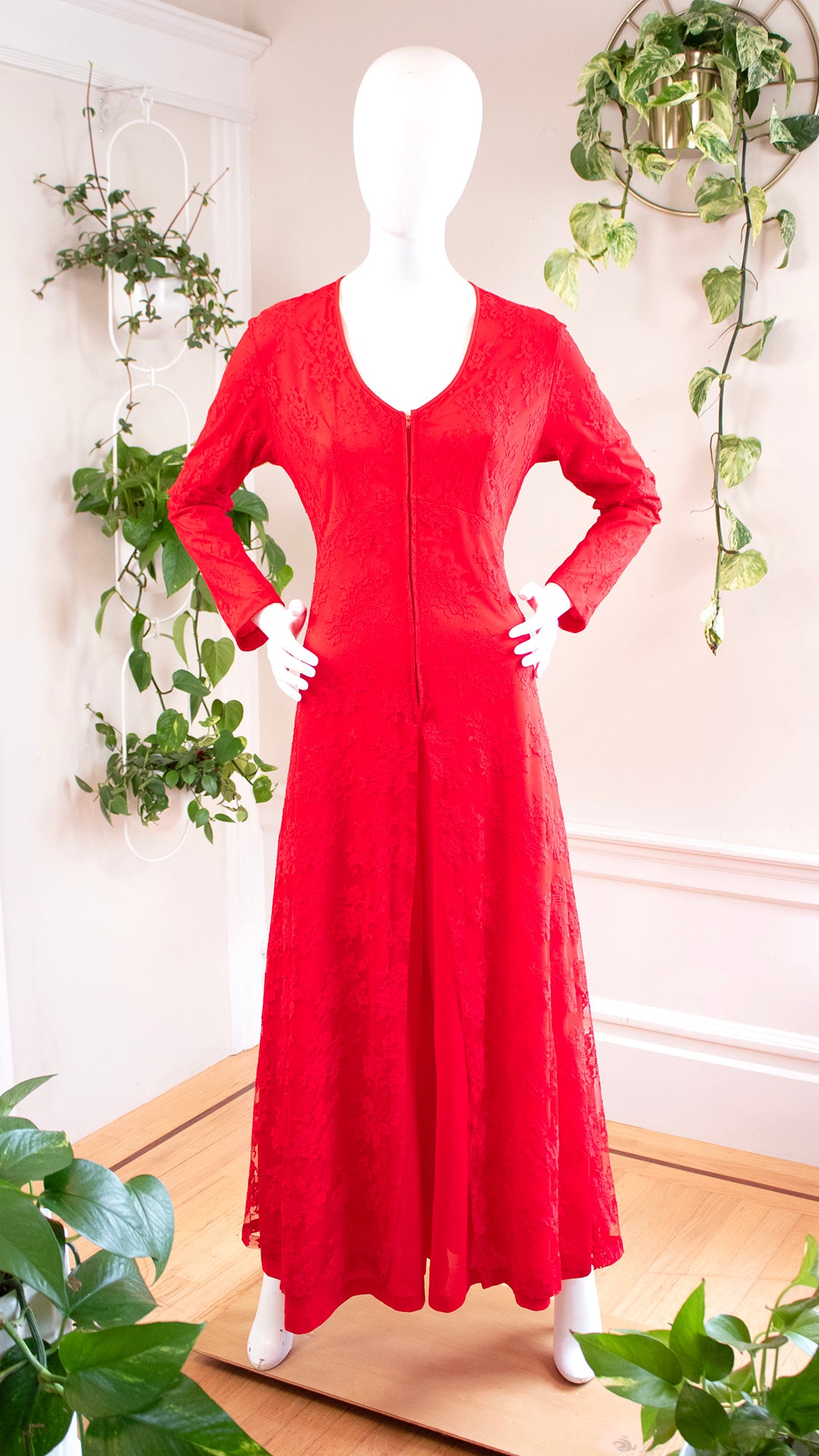 NEW ⭐️ 1970s Red Lace Palazzo Jumpsuit with Overskirt | large