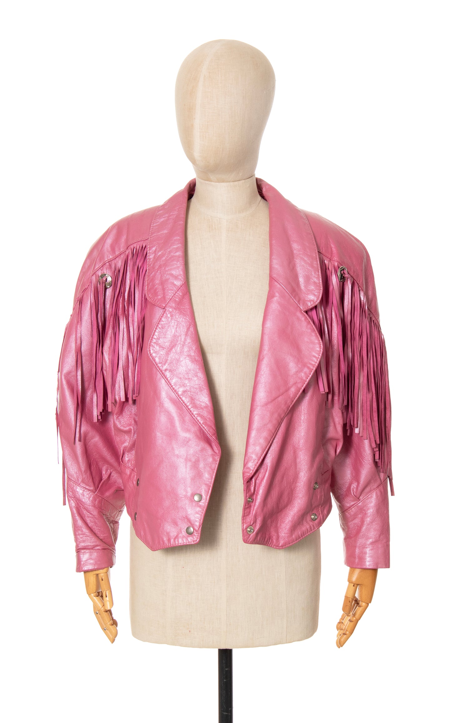 1980s Pearlescent Pink Leather Fringe Jacket | large