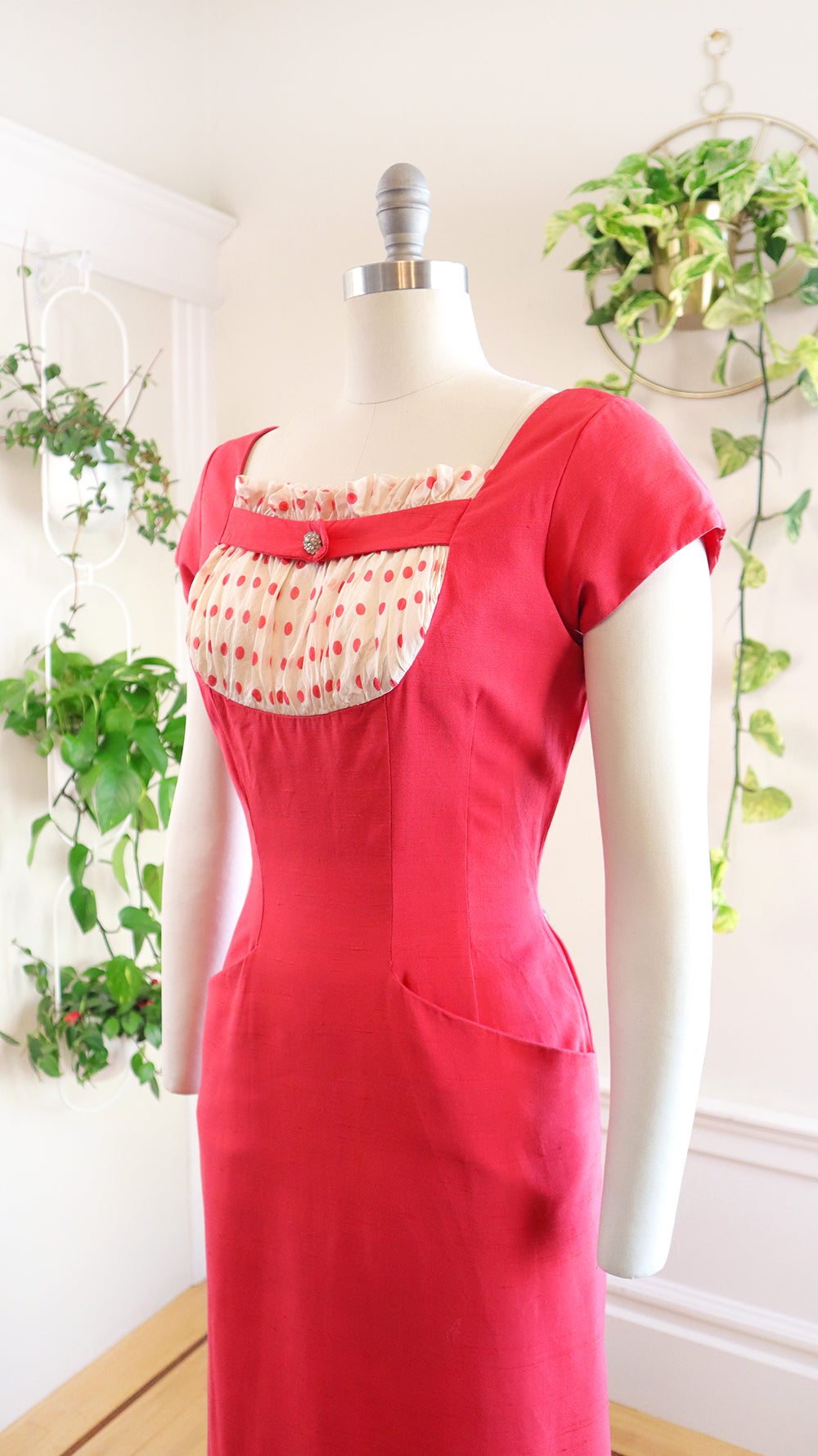 1950s Pink Polka Dot Wiggle Dress | medium