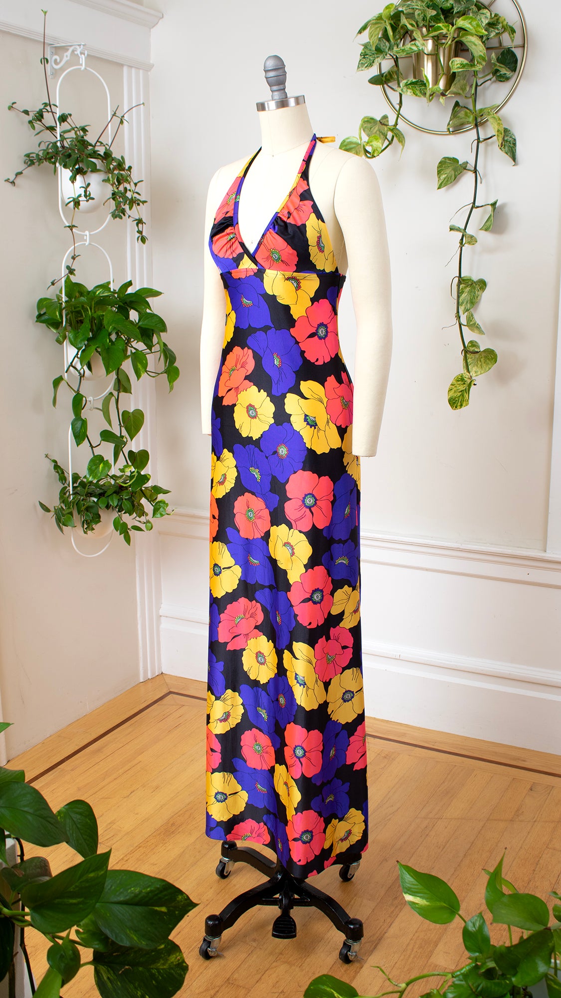 1970s Floral Halter Maxi Dress | x-small