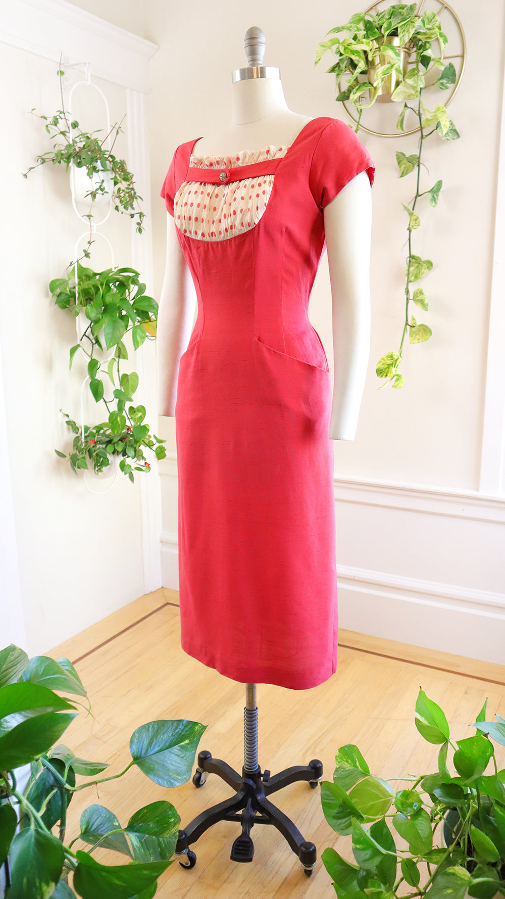 1950s Pink Polka Dot Wiggle Dress | medium