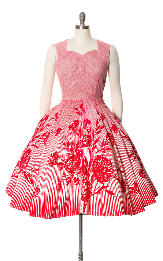 1950s Floral Striped Circle Skirt Dress | medium