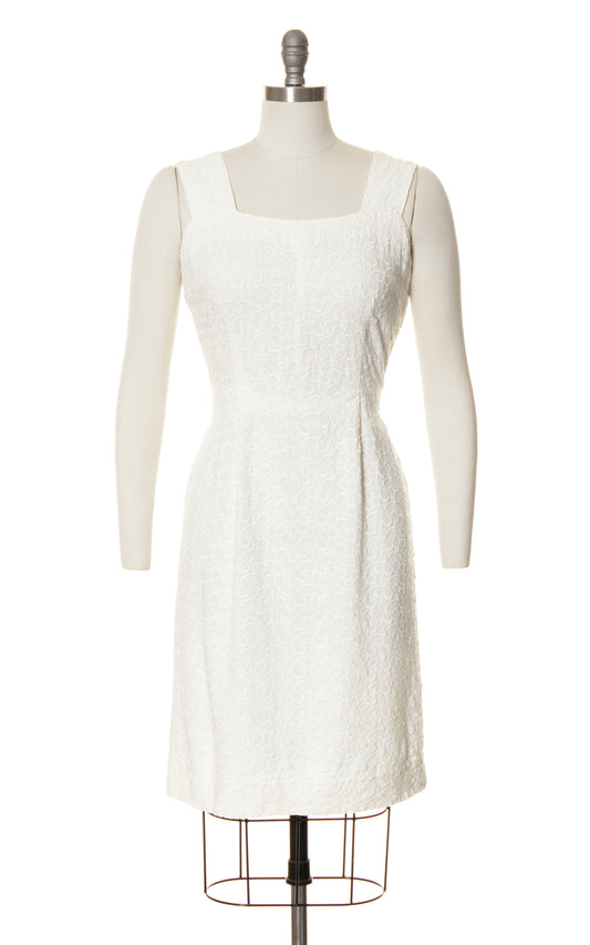 1950s Embroidered White Linen Wiggle Dress | medium