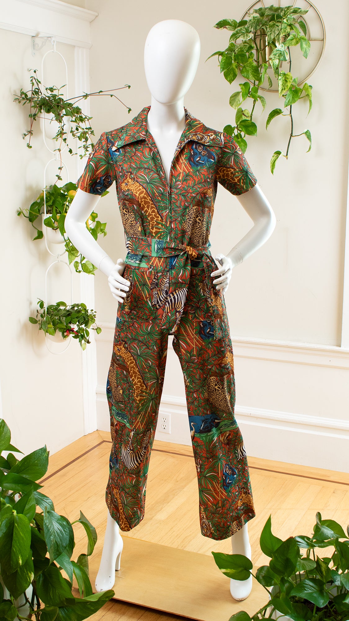 Vintage 1970s 70s Animal Jungle Novelty Print Jumpsuit