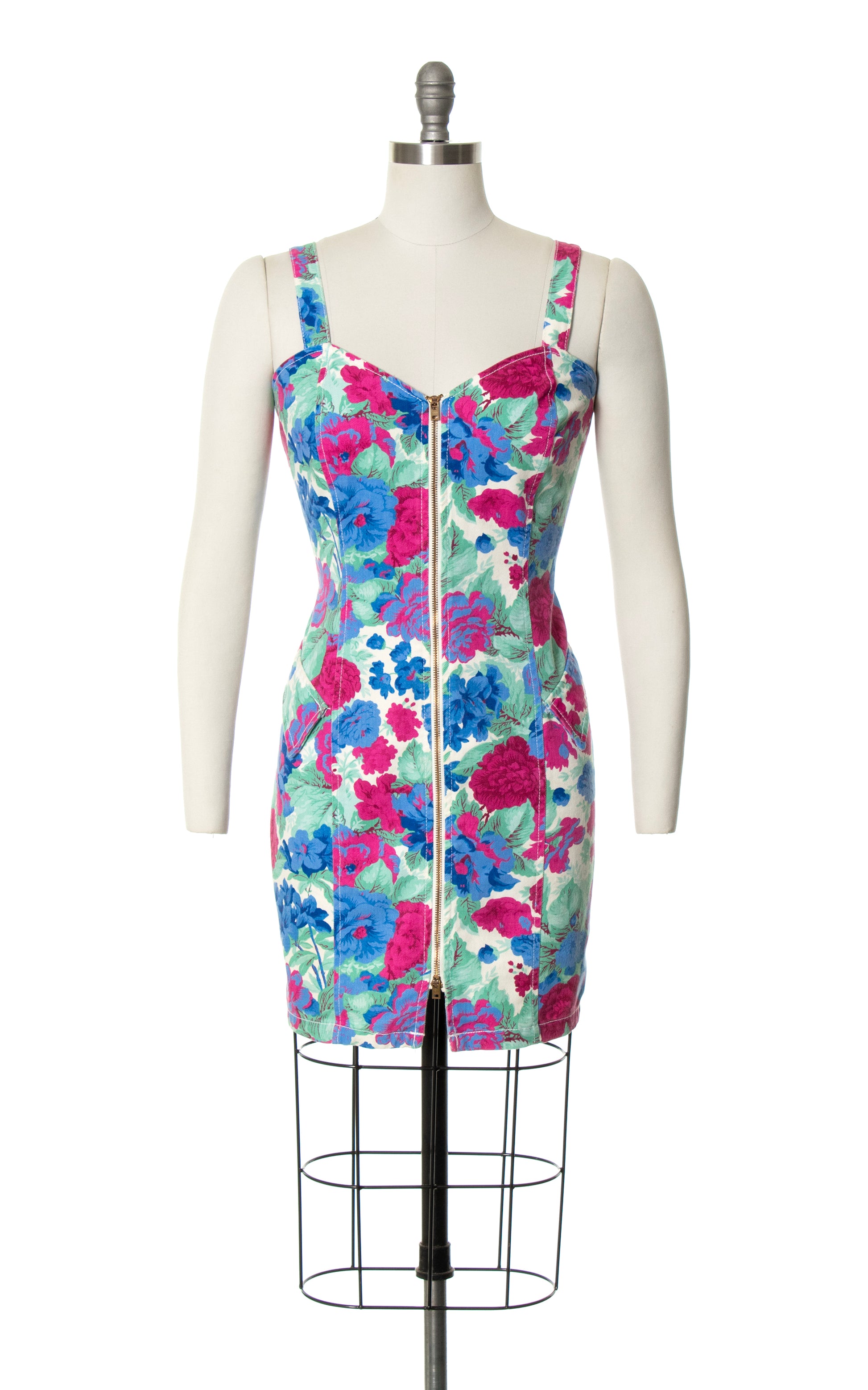 1990s Paris Blues Floral Denim Dress