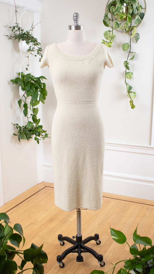 1950s 1960s Metallic Silver & Cream Knit Wool Sweater Dress | small/medium/large