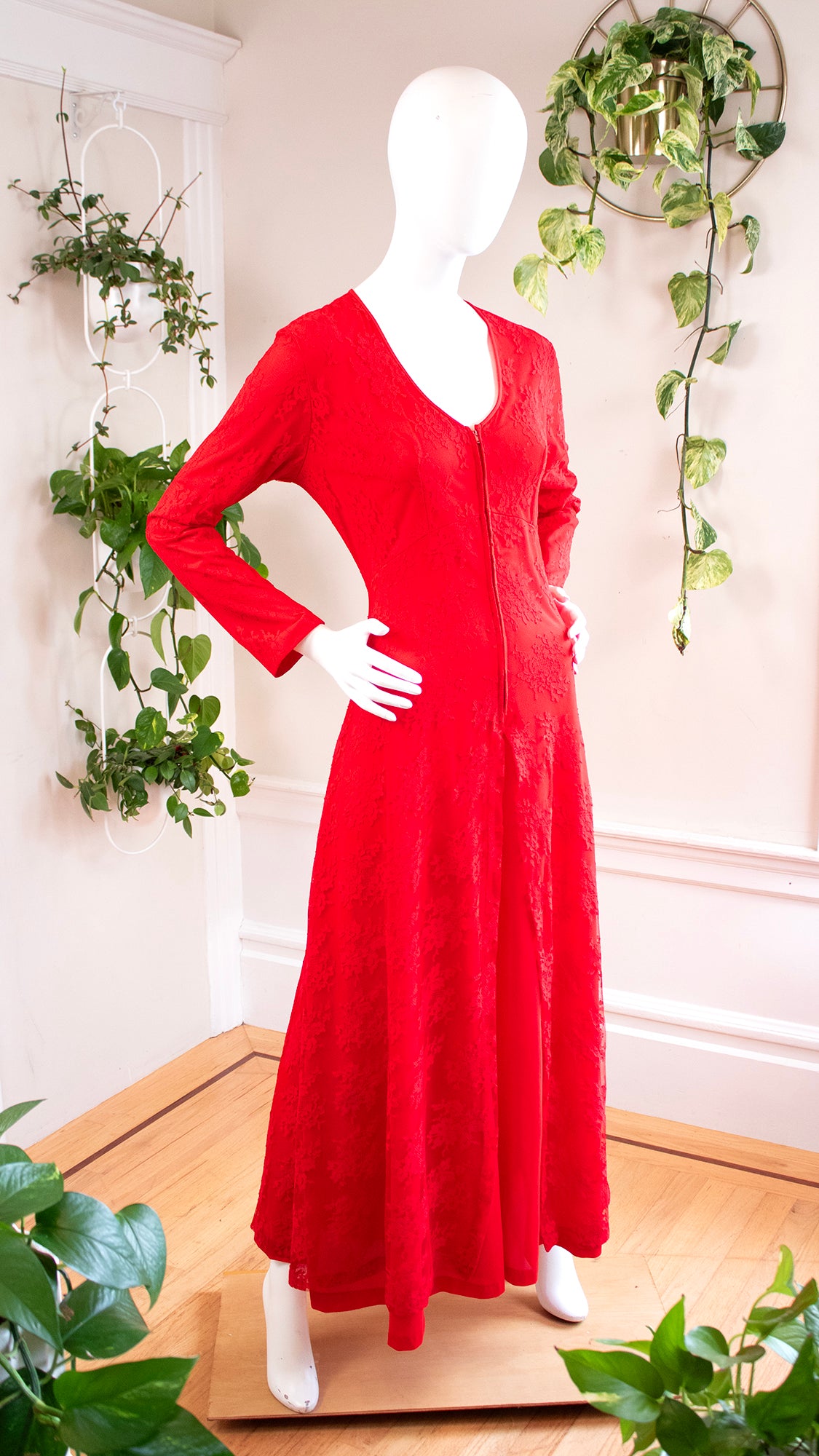 NEW ⭐️ 1970s Red Lace Palazzo Jumpsuit with Overskirt | large