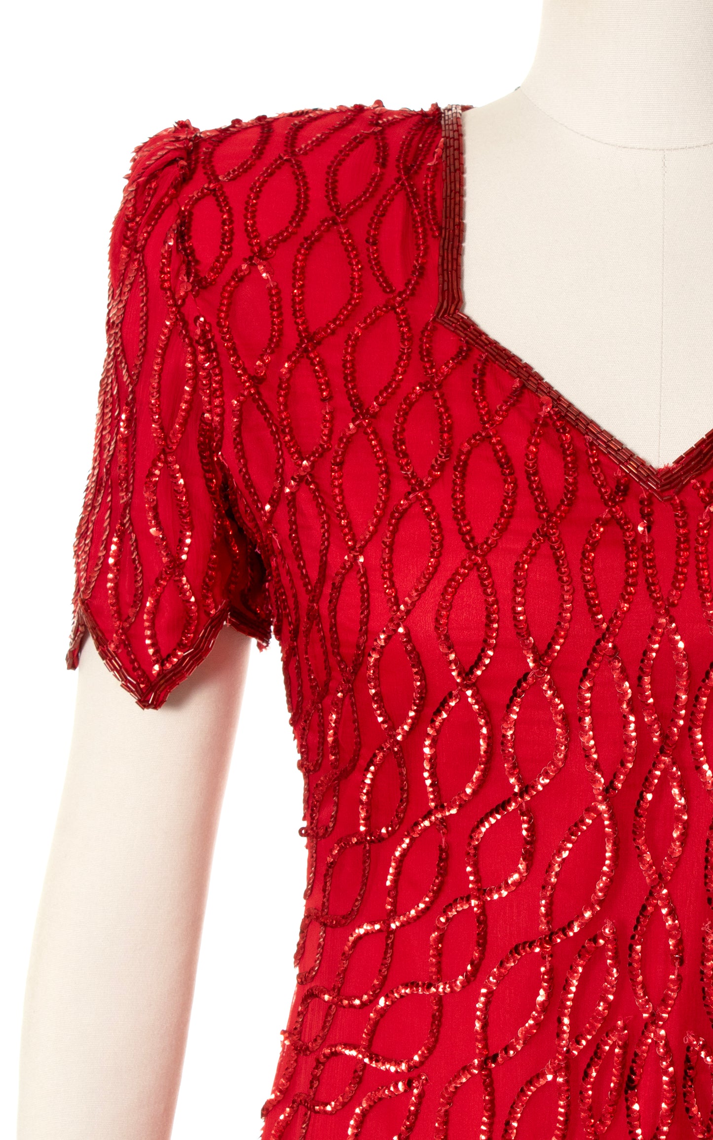 1980s Red Silk Sequin Beaded Party Dress | small