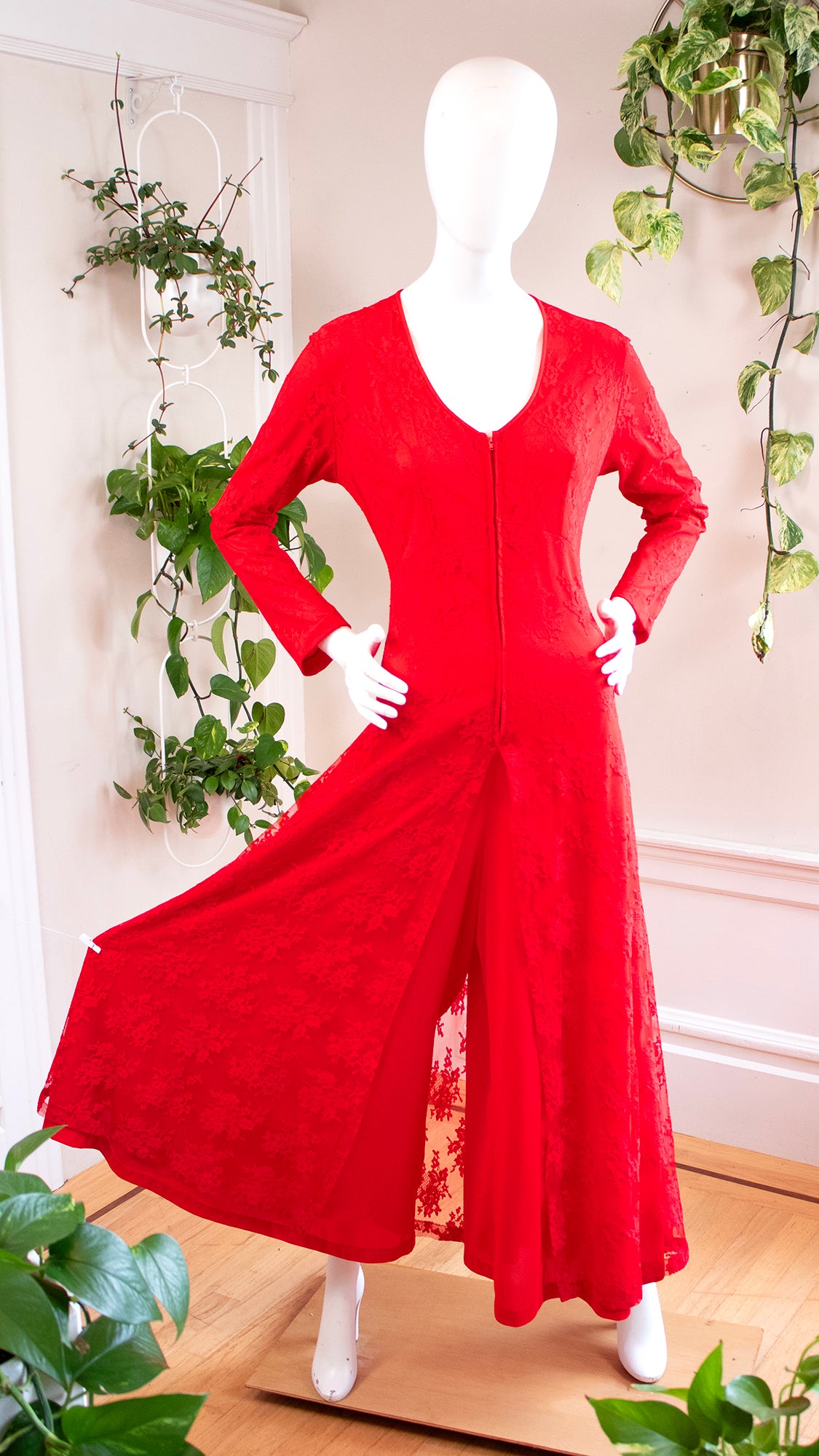 NEW ⭐️ 1970s Red Lace Palazzo Jumpsuit with Overskirt | large