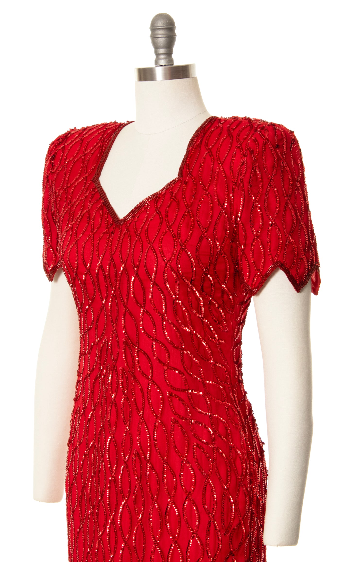 1980s Red Silk Sequin Beaded Party Dress | small