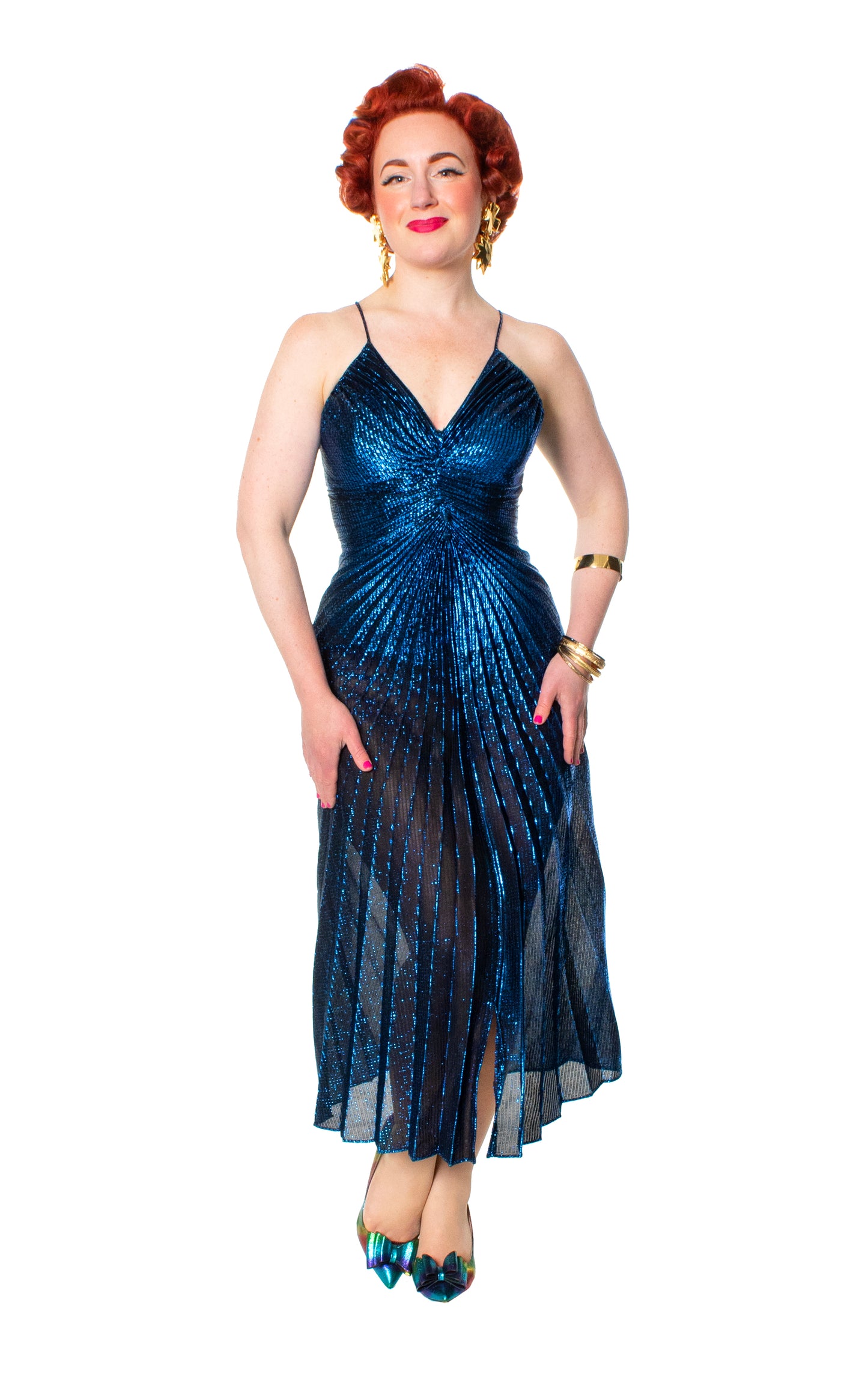 1980s Travilla Style Metallic Blue Pleated Dress | x-small/small