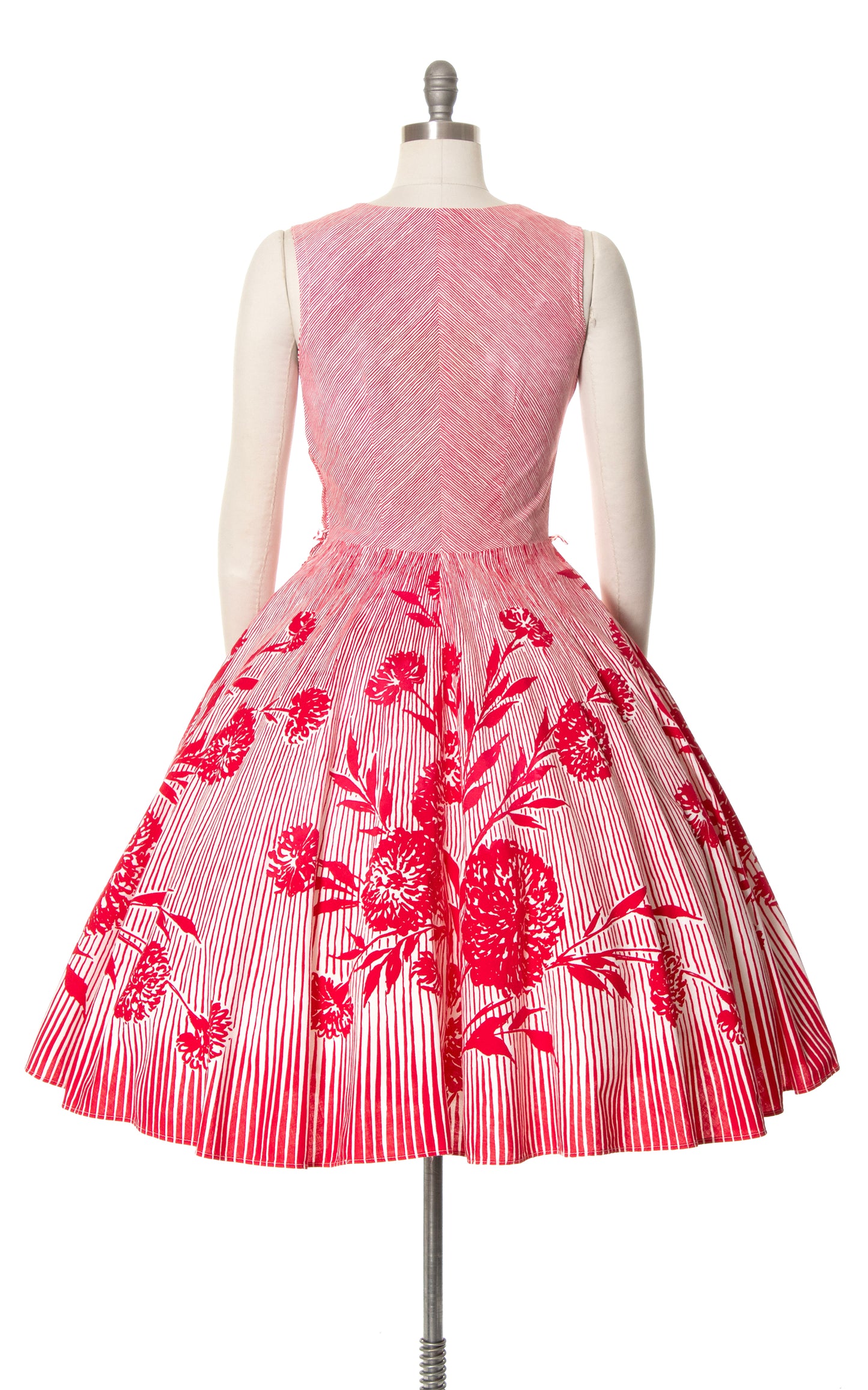 1950s Floral Striped Circle Skirt Dress | medium