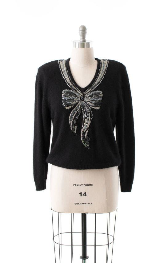 NEW ARRIVAL || 1990s Beaded Trompe L'oeil Bow Knit Silk Angora Sweater | large/x-large