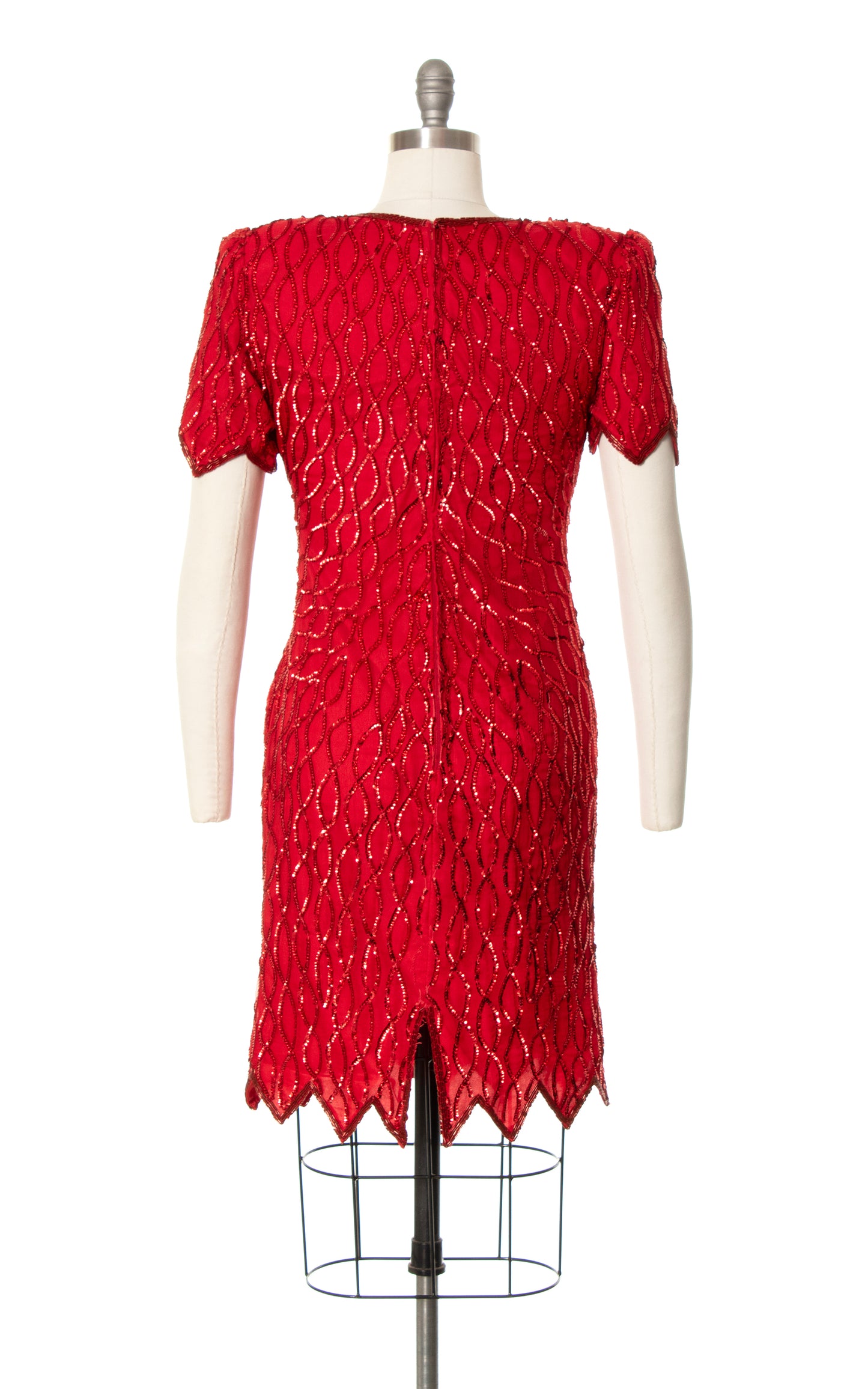 1980s Red Silk Sequin Beaded Party Dress | small