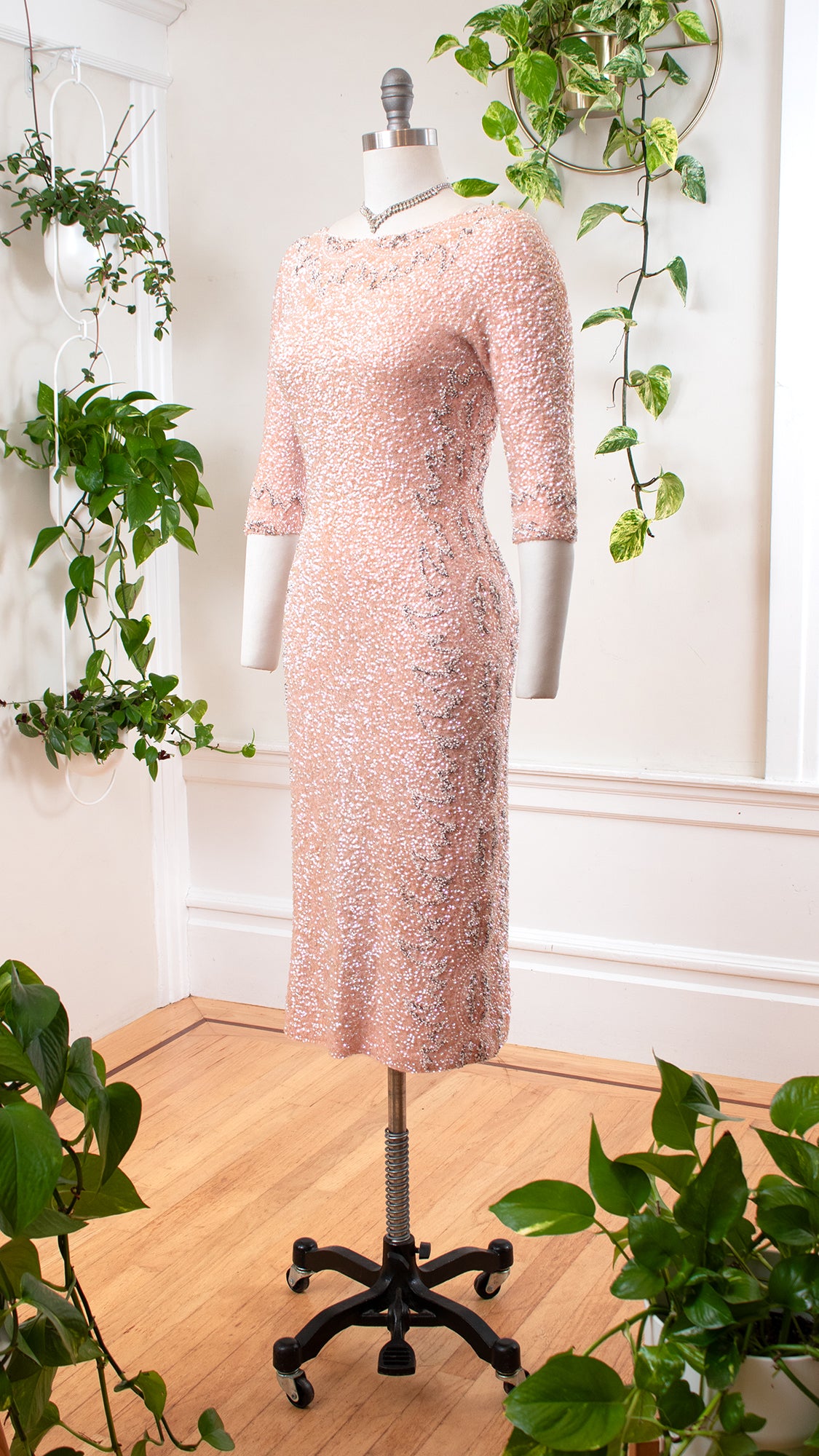 1950s GENE SHELLY Beaded Sequin Knit Pink Wool Sweater Dress 1950s GENE SHELLY Beaded Sequin Knit Pink Wool Sweater Dress