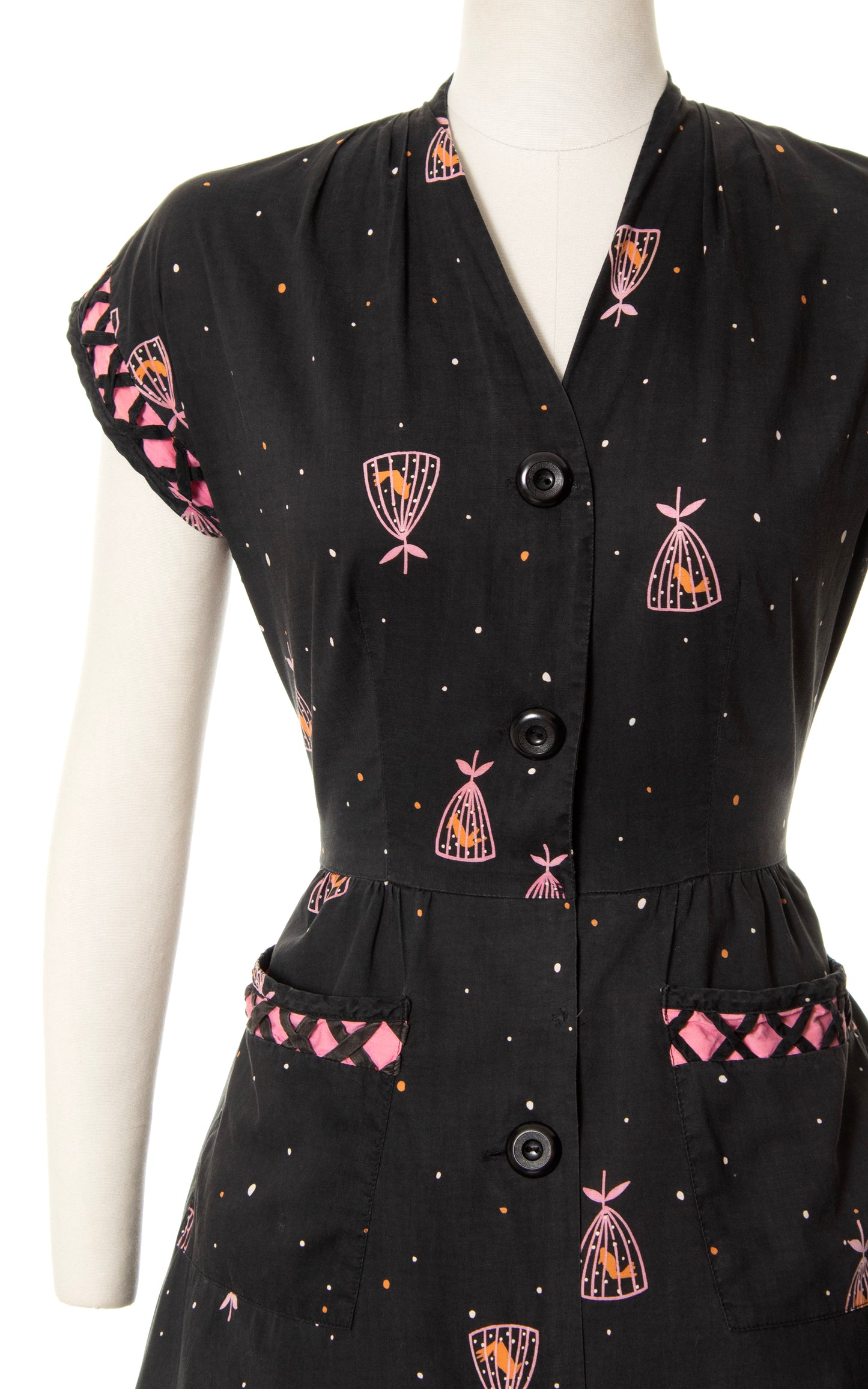 1950s Caged Bird Novelty Print Shirt Dress | medium