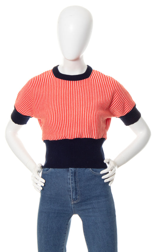1970s Nautical Striped Cropped Sweater Top | small/medium