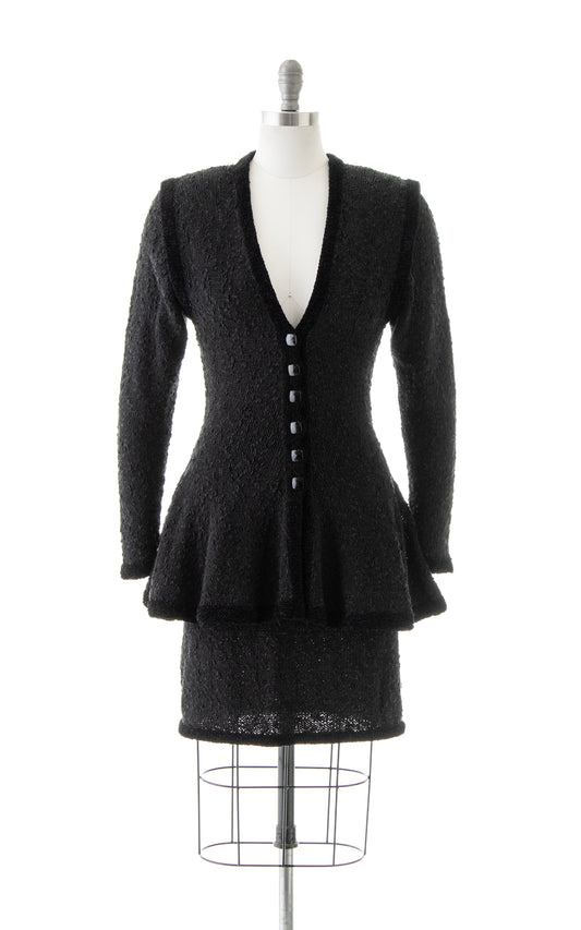 NEW ARRIVAL || 1980s Chenille Knit Peplum Jacket Skirt Suit | small/medium