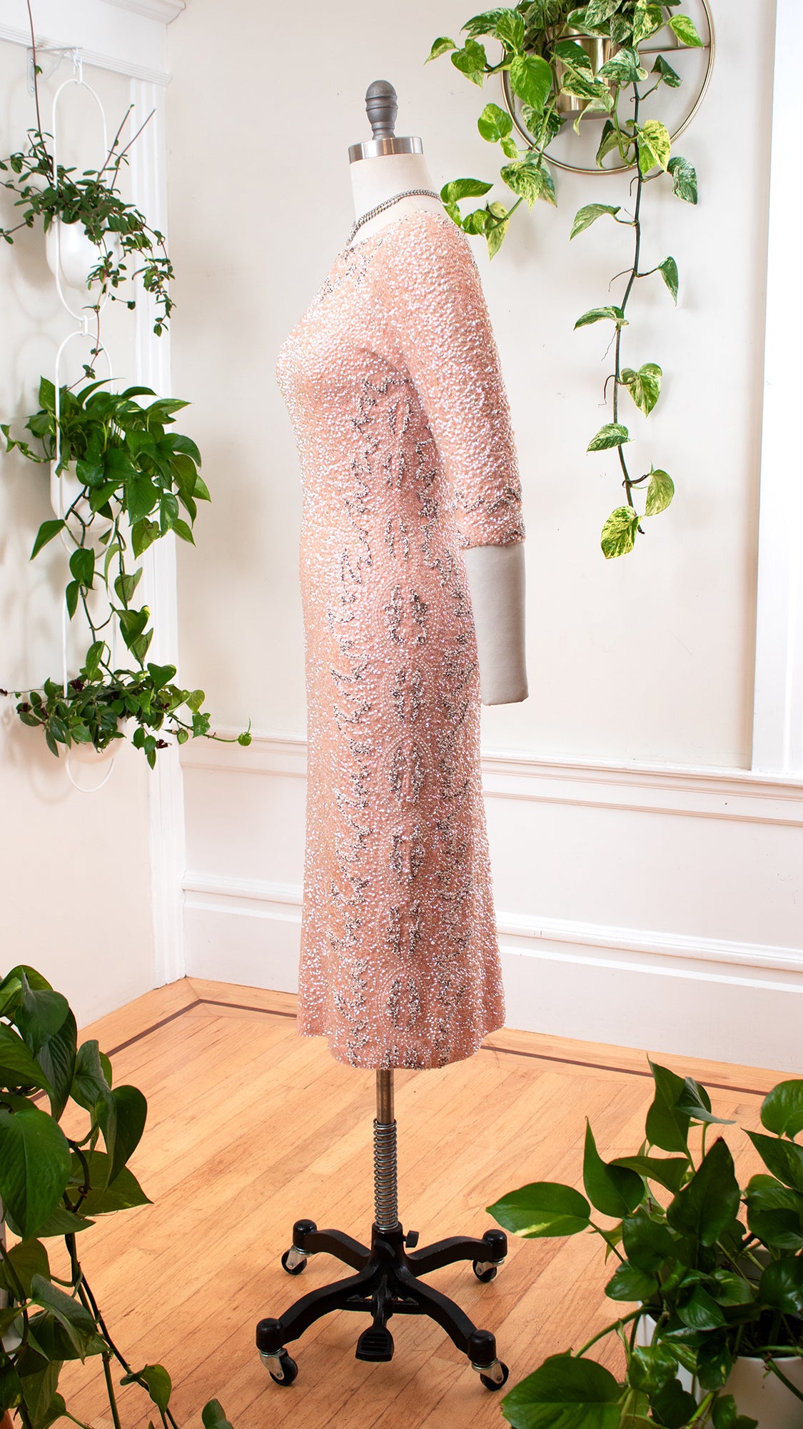 1950s GENE SHELLY Beaded Sequin Knit Pink Wool Sweater Dress | x-small Birthday Life Vintage 1950s GENE SHELLY Beaded Sequin Knit Pink Wool Sweater Dress | x-small Birthday Life Vintage