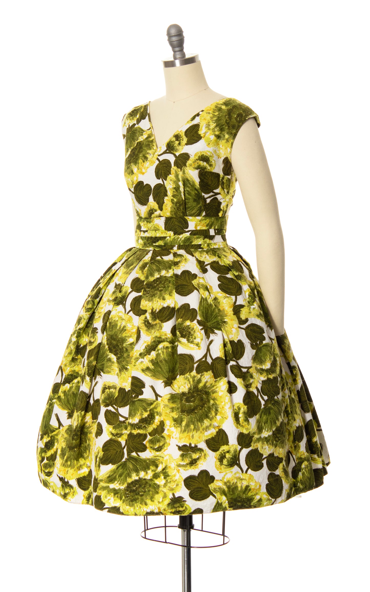 1950s 1960s Floral Cotton Cummerbund Dress | small