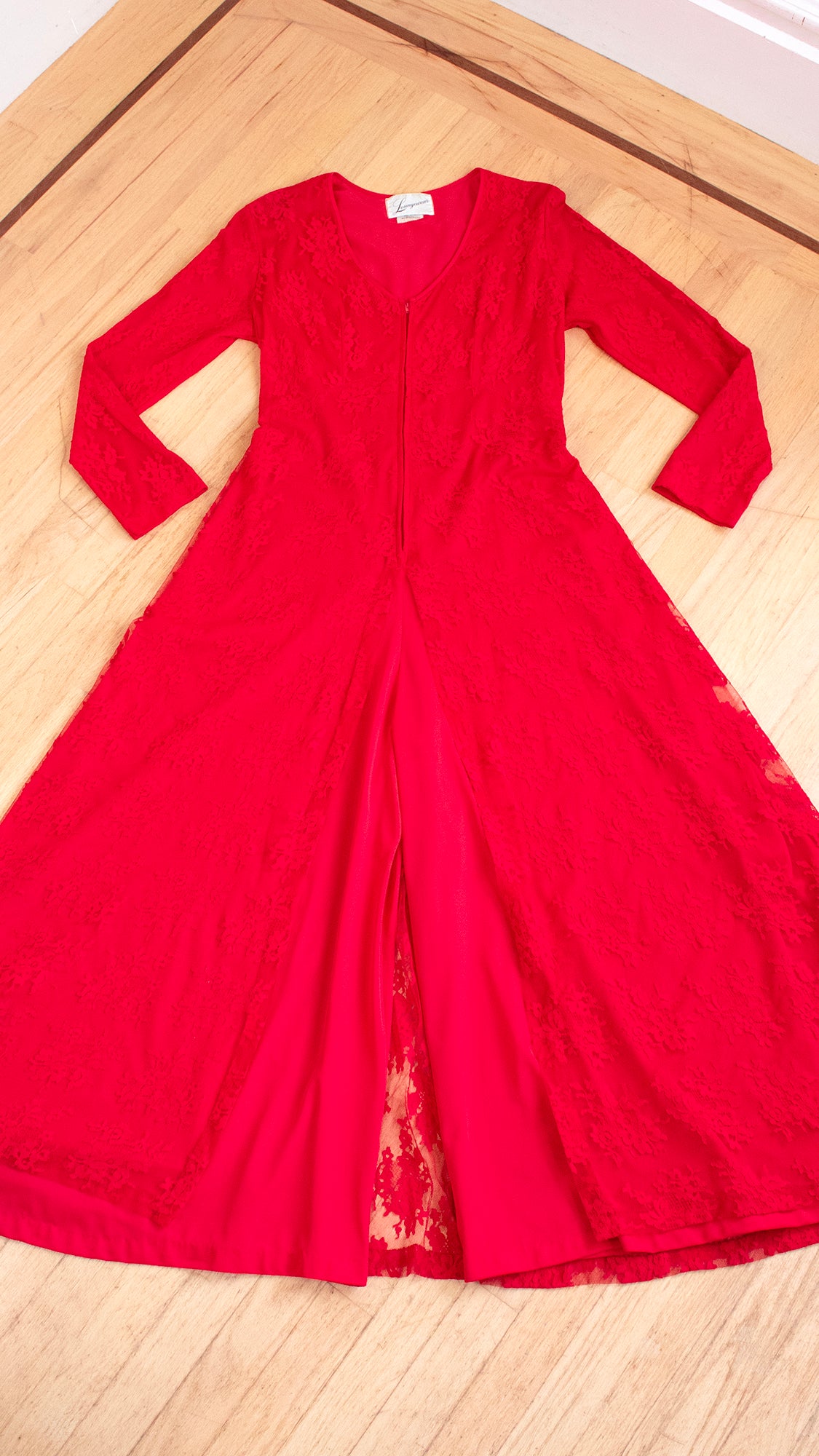 NEW ⭐️ 1970s Red Lace Palazzo Jumpsuit with Overskirt | large